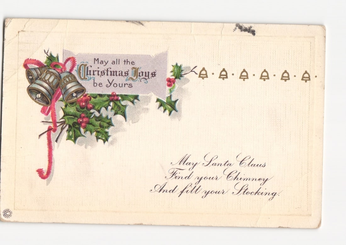 Vintage Christmas postcard featuring Bells, Holly, and Traditional Holiday Wishes, early 1900s: A chromolithograph postcard featuring an illustration of two ornate bells in gold and bronze tones, tied with a flowing red ribbon. These are accompanied by sprigs of green holly with red berries, pos