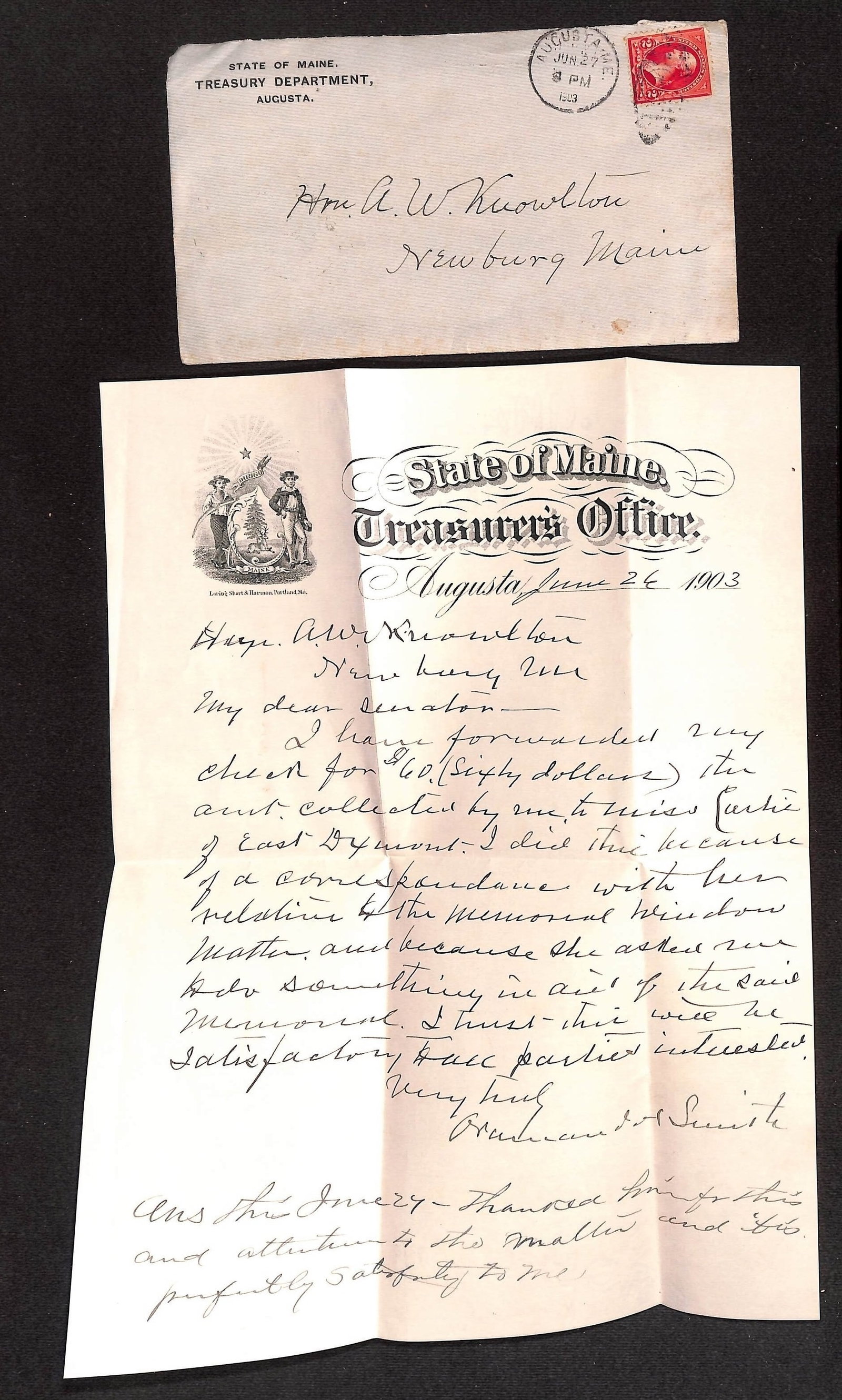 Maine Treasury Department ALS to Hon. A.W. Knowlton with Postmarked Cover, Augusta, 1903. (1 of 4)