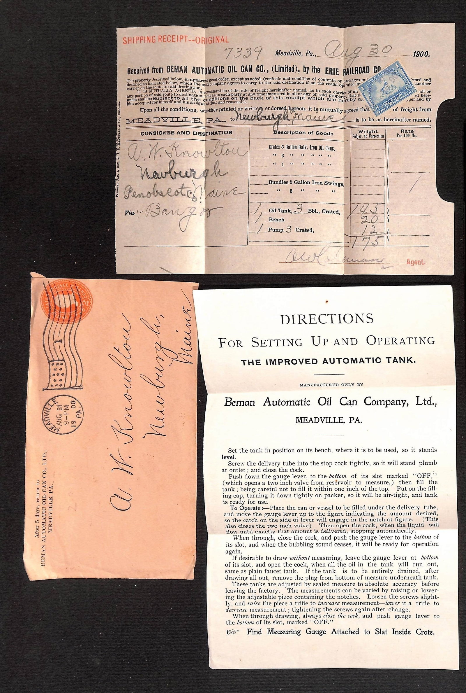 Beman Automatic Oil Can Co. 1900 Envelope, Shipping Receipt & Automatic Tank Directions: A three-piece lot comprising a postally used envelope, a shipping receipt, and a folded instruction sheet, totaling six pages/sides. The pink envelope is addressed to A. W. Knowlton in Newburgh, Maine