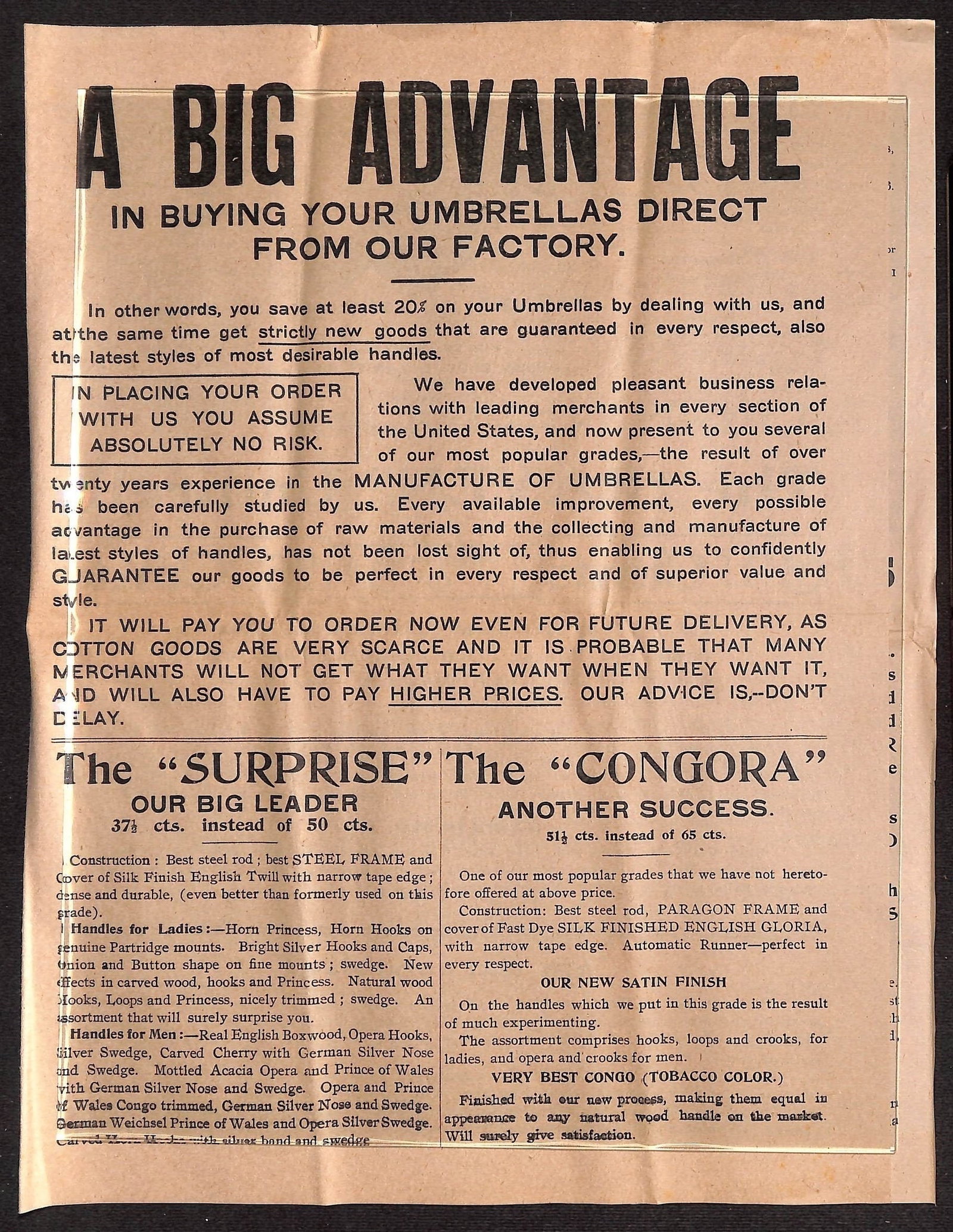 Hulse Bros. & Daniel Co. Umbrella Trade Catalog & 1907 Approval Order Form, New York. (1 of 7)