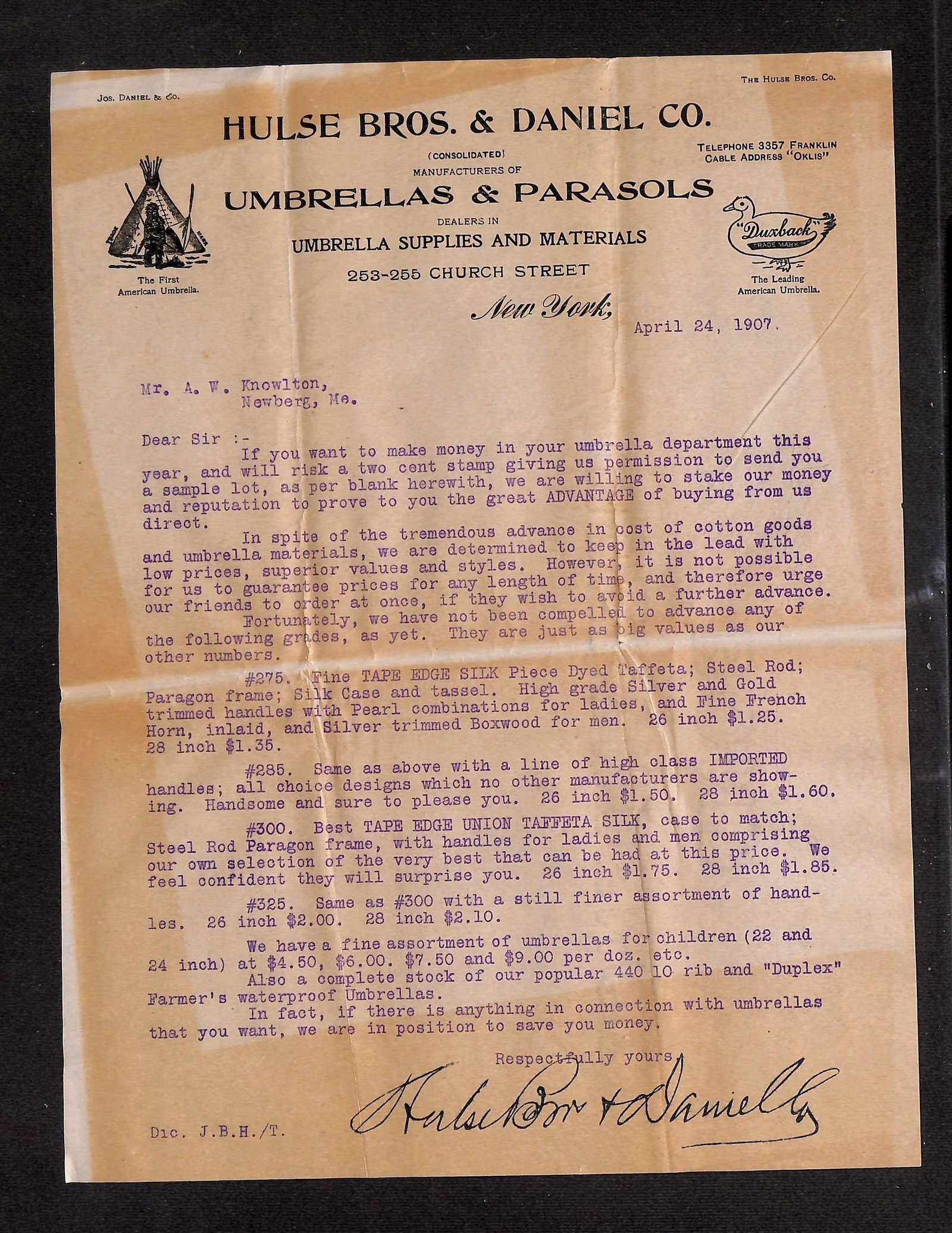 Hulses Bros. & Daniel Co. Umbrella & Parasol Manufacturers Letter, New York, April 24, 1907: A single-page typed letter, presented front and back, on the letterhead of Hulses Bros. & Daniel Co. The letterhead prominently displays "HULSE BROS. & DANIEL CO. (CONSOLIDATED) MANUFACTURERS OF UMBRE