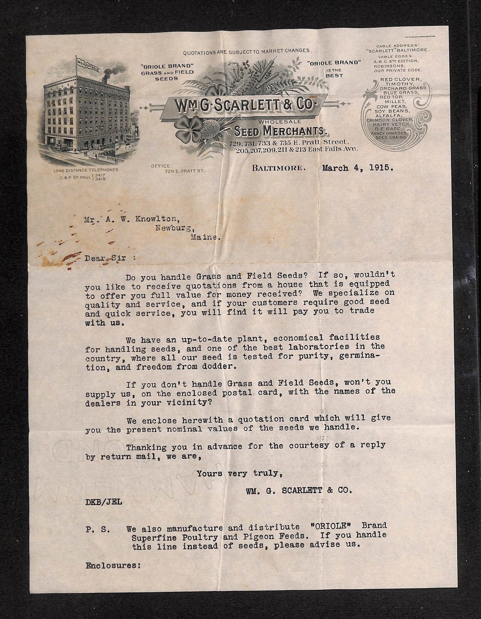 1915 WM. G. Scarlett & Co. Seed Merchants Typed Letter Signed to A. W. Knowlton, Newburg, Maine: This lot consists of a single-page typed letter (front and reverse shown) from WM. G. Scarlett & Co., Seed Merchants, dated March 4, 1915, addressed to Mr. A. W. Knowlton in Newburg, Maine. The letter