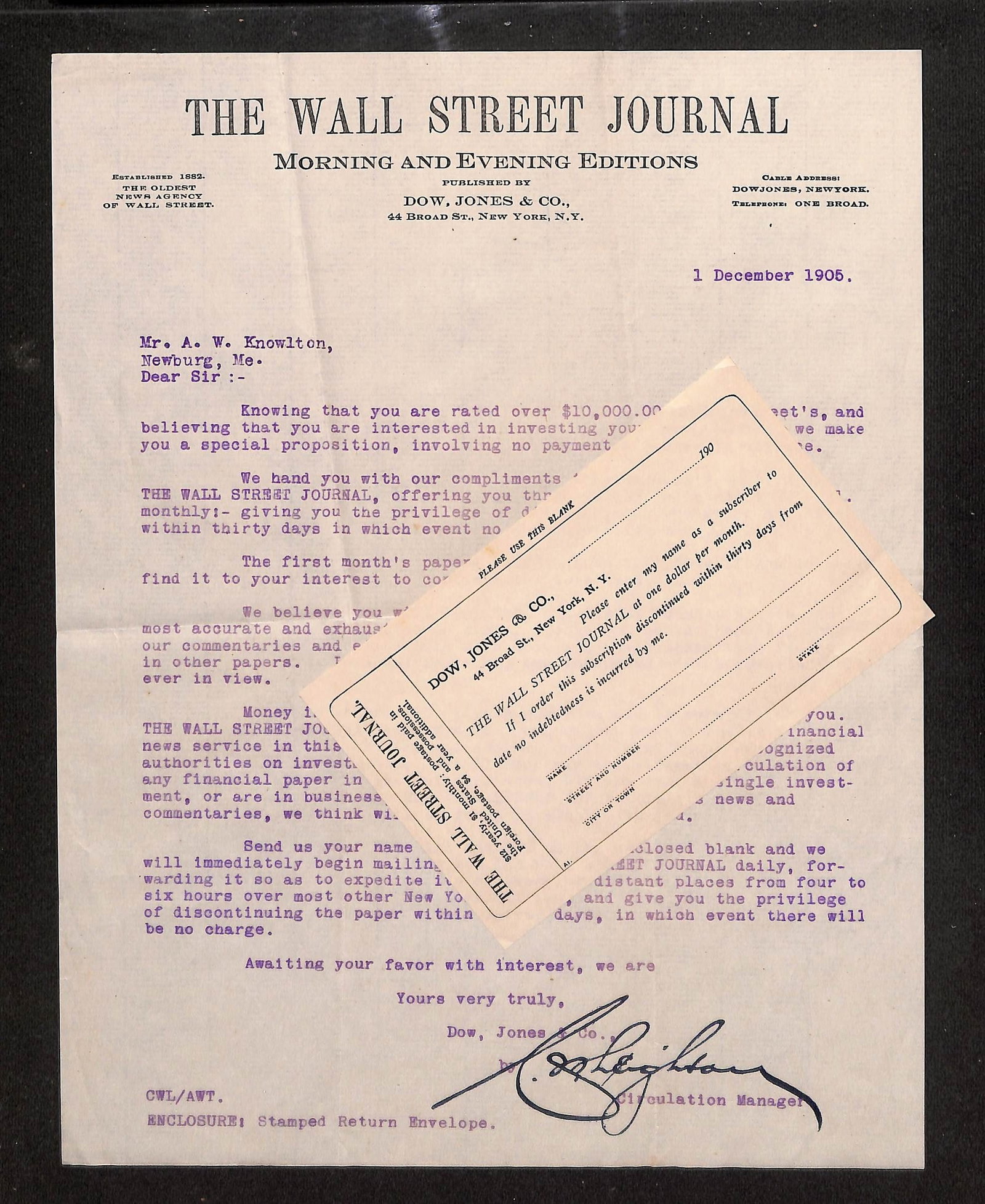 Wall Street Journal Subscription Offer Letter & Order Form from Dow, Jones & Co., New York, 1 Dec (1 of 5)