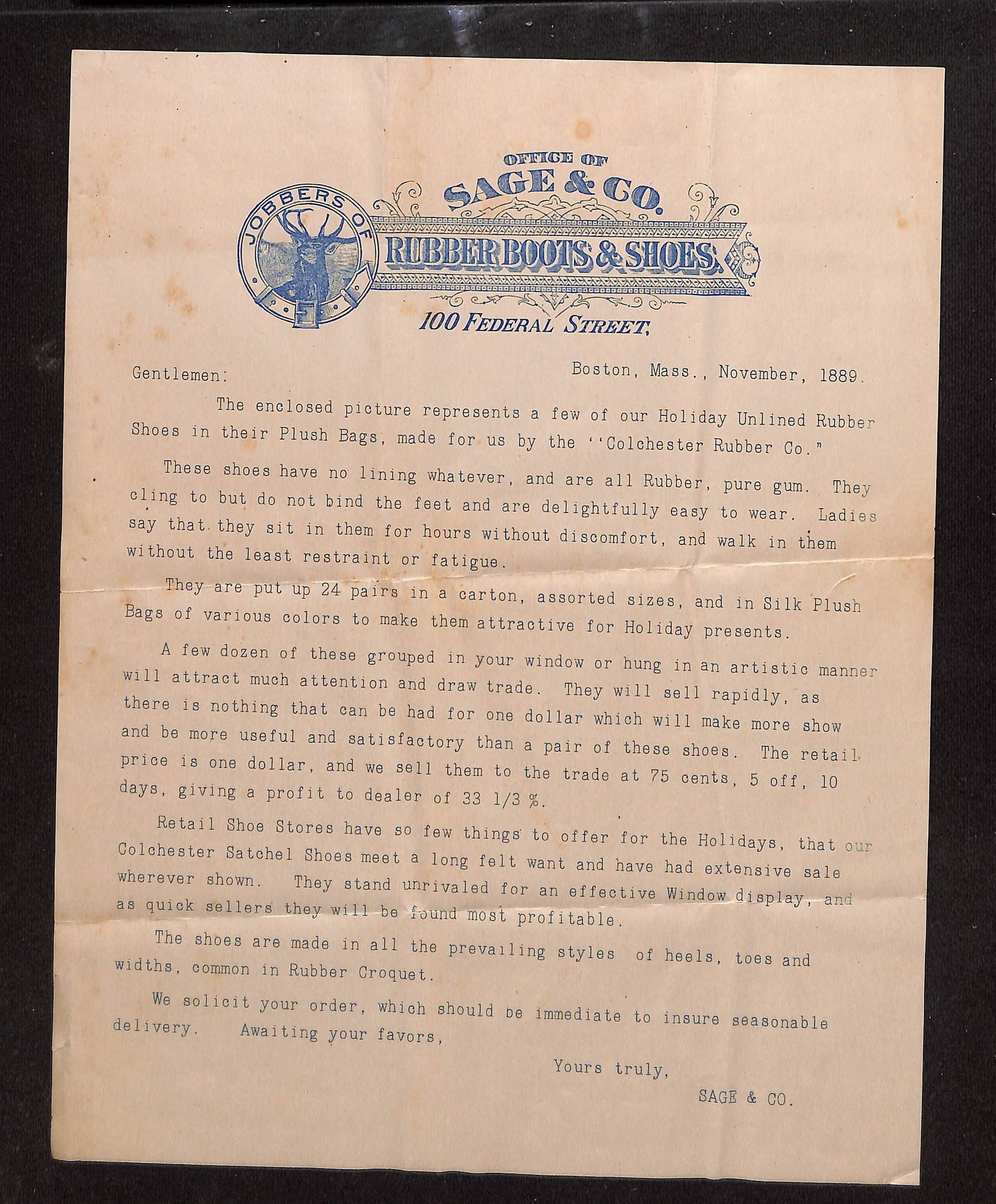 Sage & Co. Typed Letter, Boston, Mass., November 1889, Holiday Unlined Rubber Shoes: A one-page typed letter from Sage & Co., printed on one side, with a blank verso showing folds. The letter features a printed letterhead reading "OFFICE OF SAGE & CO. GOBBERS OF RUBBER BOOTS & SHOES 1