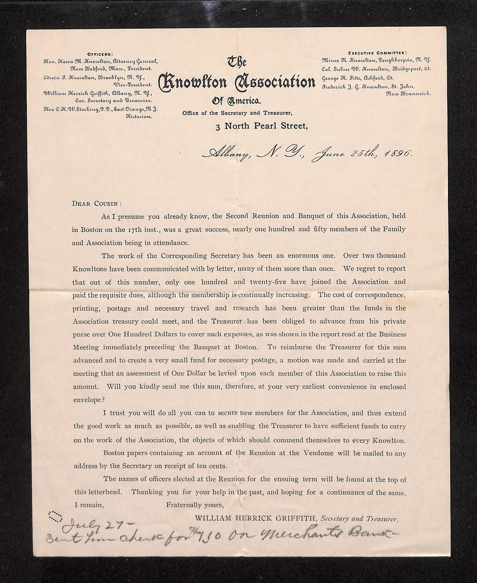 Knowlton Association of America Letter by W. H. Griffith, Albany, NY, on reunion & finances, 1890. (1 of 2)