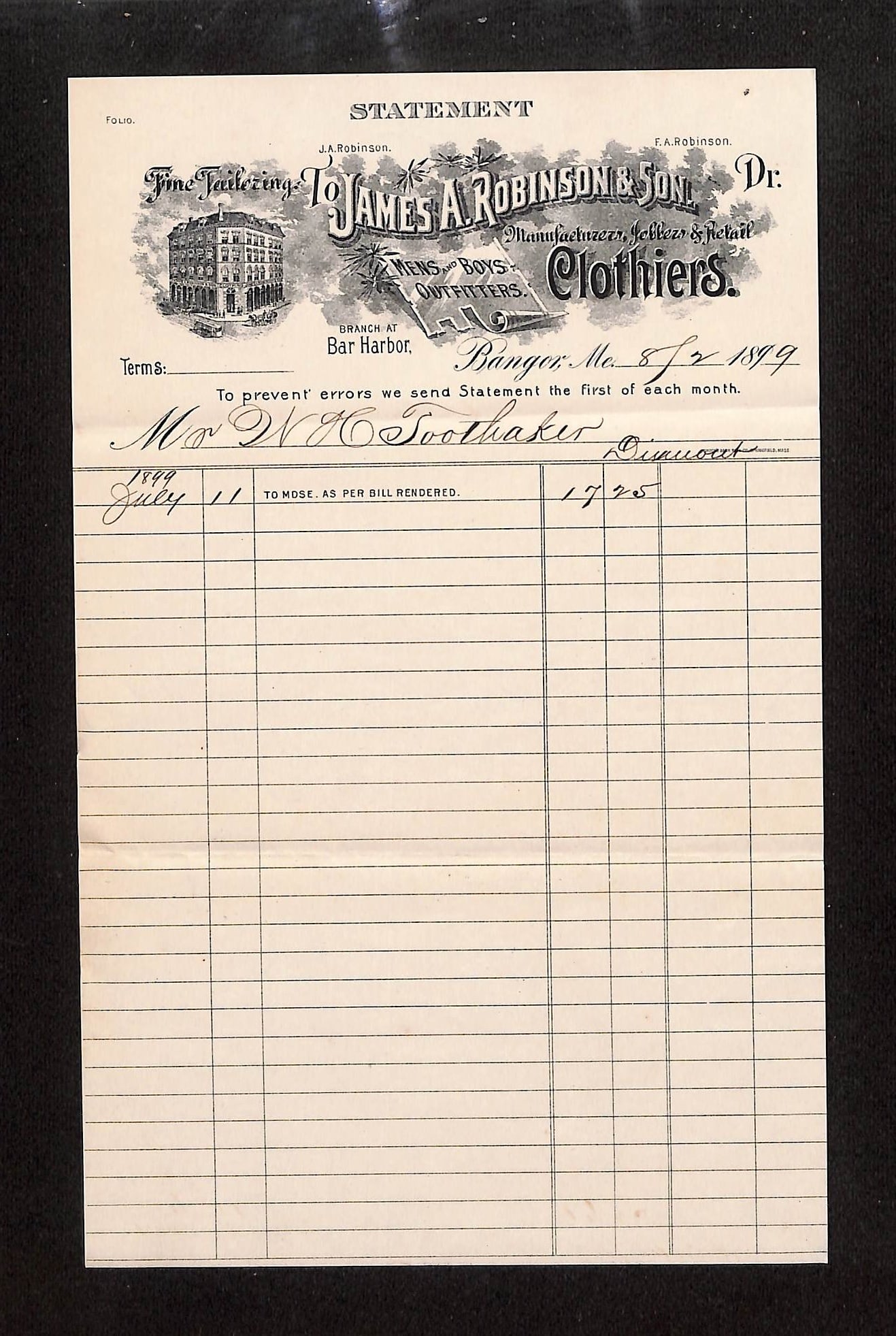 James A. Robinson & Son Tailoring & Clothiers Statement to Mrs. Southaker, Bangor, ME, 1899: A single-page, two-sided printed billhead statement from James A. Robinson & Son, dated August 2, 1899. The statement is addressed to Mrs. W. H. Southaker, with an additional handwritten note of "Diam
