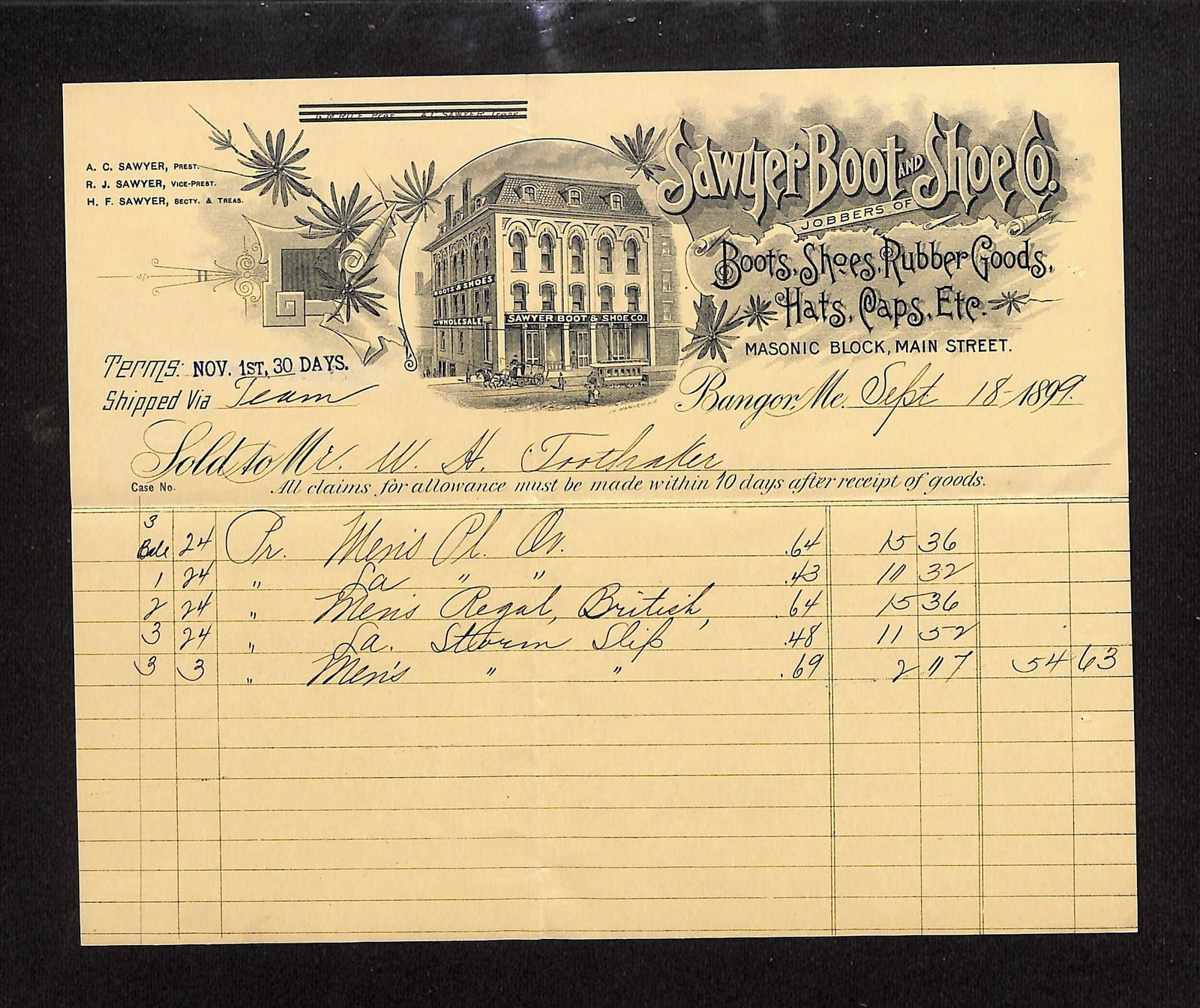 Sawyer Boot & Shoe Co. Billhead to Mrs. M.A. Tootheker for Boots, Shoes & Hats, Bangor, ME 1897: A one-page billhead from Sawyer Boot & Shoe Co., with a blank reverse. The ornate letterhead, printed in black ink, identifies the firm as "Jobbers of Boots, Shoes, Rubber Goods, Hats, Caps, Etc." loc