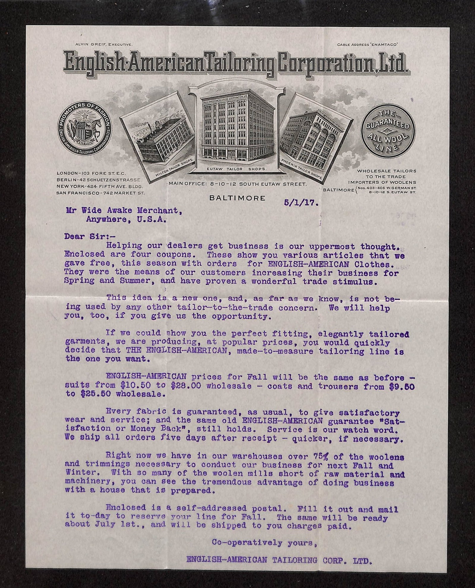 English-American Tailoring Corp. Wholesale Business Letter from Baltimore, May 1, 1917: A single-page typed letter from the English-American Tailoring Corporation, printed on elaborate letterhead, dated May 1, 1917. The second image shows the blank reverse side. The letterhead includes "