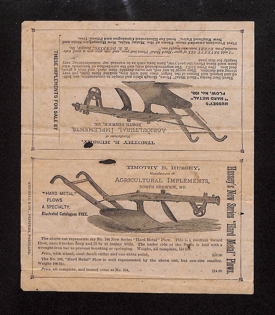 Timothy B. Hussey Agricultural Implements Printed Advertisement, North Berwick, Maine (1 of 2)