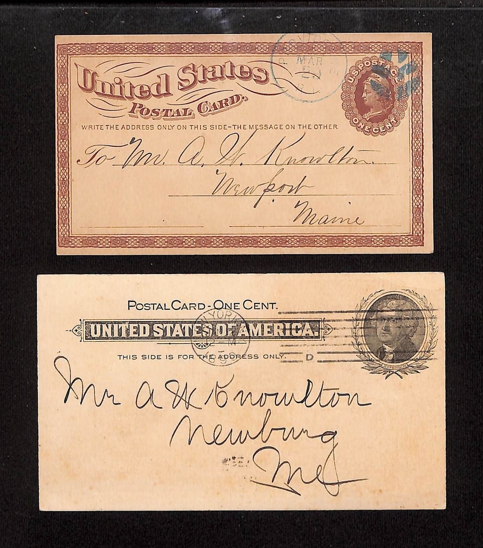 Two U.S. Postal Cards to A.H. Knowlton; J.B. Braman Freight Letter & Varnish List (1 of 2)