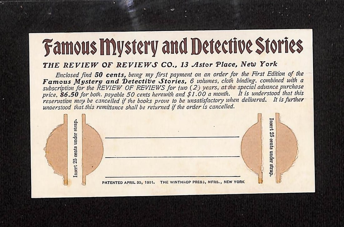 Famous Mystery and Detective Stories Subscription Offer Card from The Review of Reviews Co., New (1 of 2)