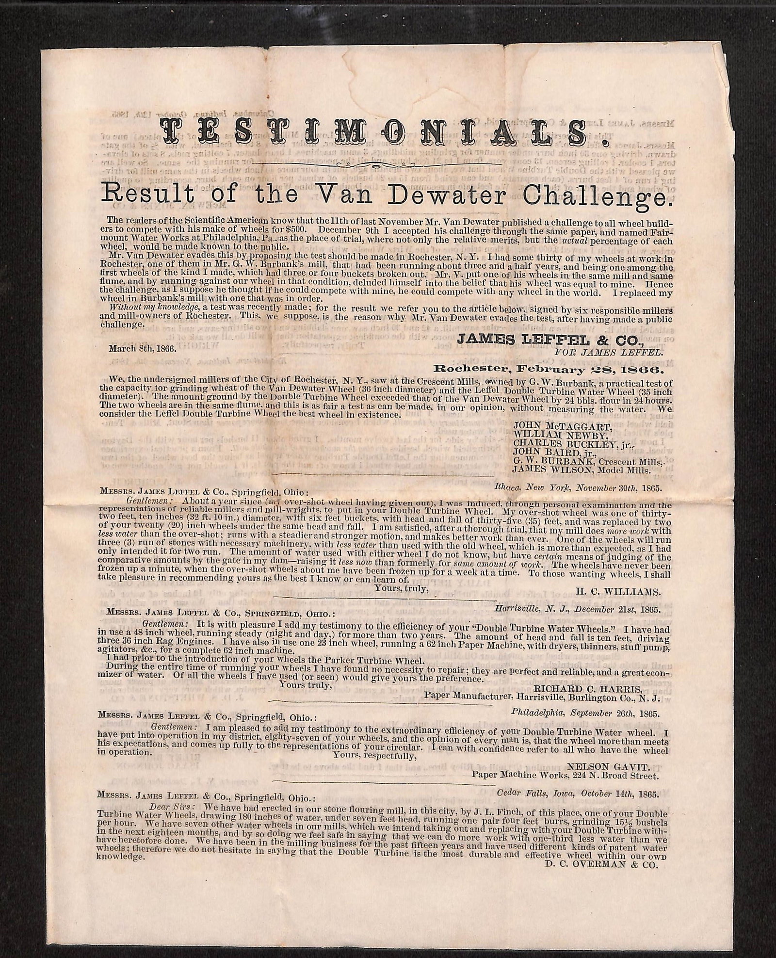 James Leffel & Co. Turbine Water Wheel Challenge & Testimonials Broadside, 1865-1866: A single sheet, two-page printed broadside promoting James Leffel & Co.'s Turbine Water Wheels. The front page features the heading "TESTIMONIALS" and "Result of the Van Dewater Challenge." It details