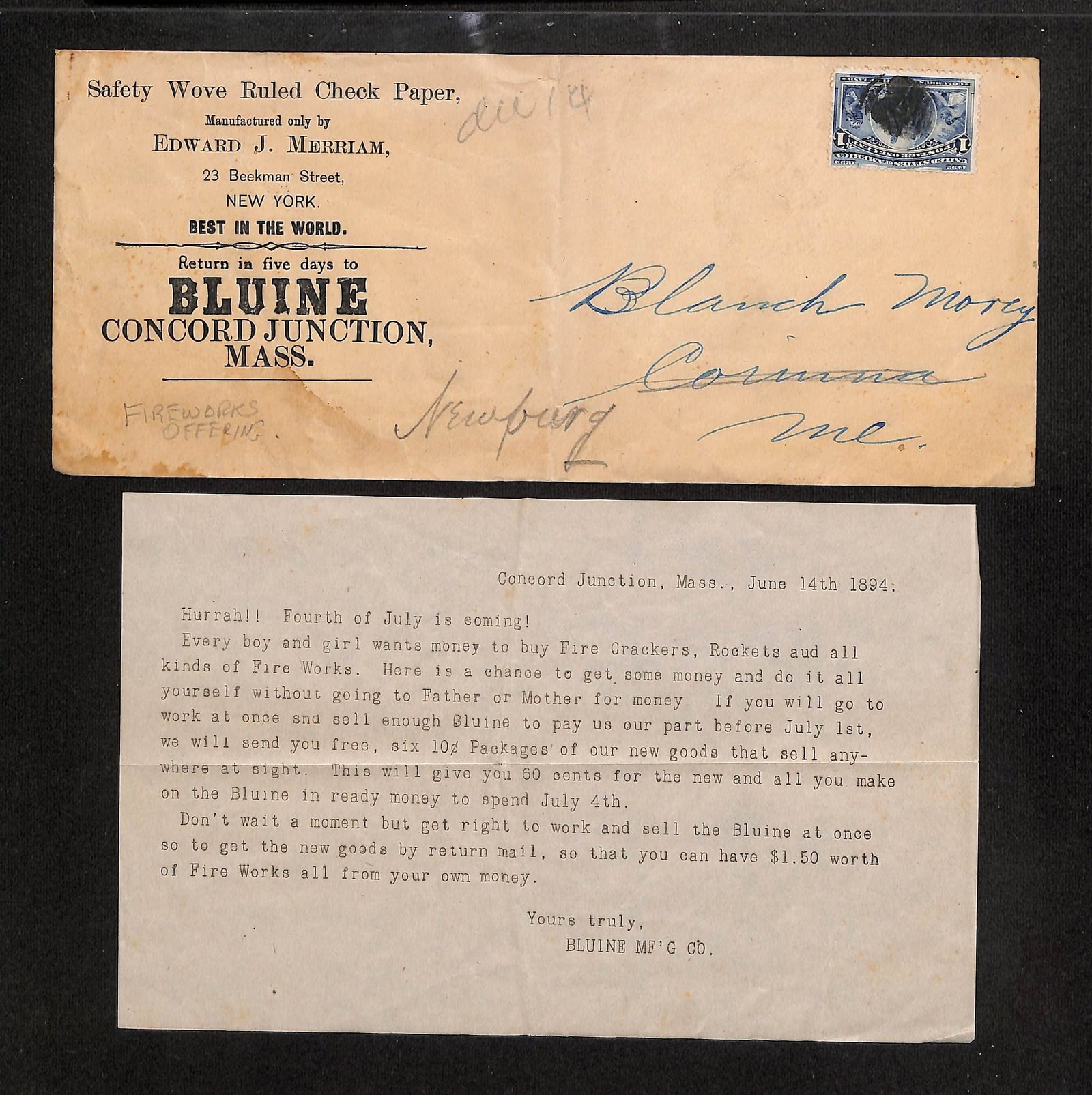 1894 Bluine Mfg Co. Fireworks Offering Letter & Cover, Concord Junction, Mass.: This lot comprises a postally used cover and its original single-page printed letter/circular, totaling two pieces. The cover features a printed return address for 'Safety Wove Ruled Check Paper, Manu