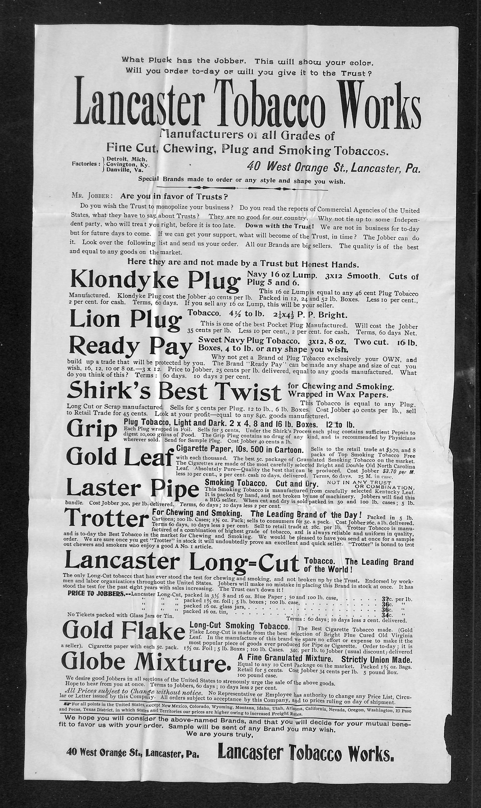 Lancaster Tobacco Works Broadside Advertising Fine Cut, Chewing, Plug, and Smoking Tobaccos (1 of 2)