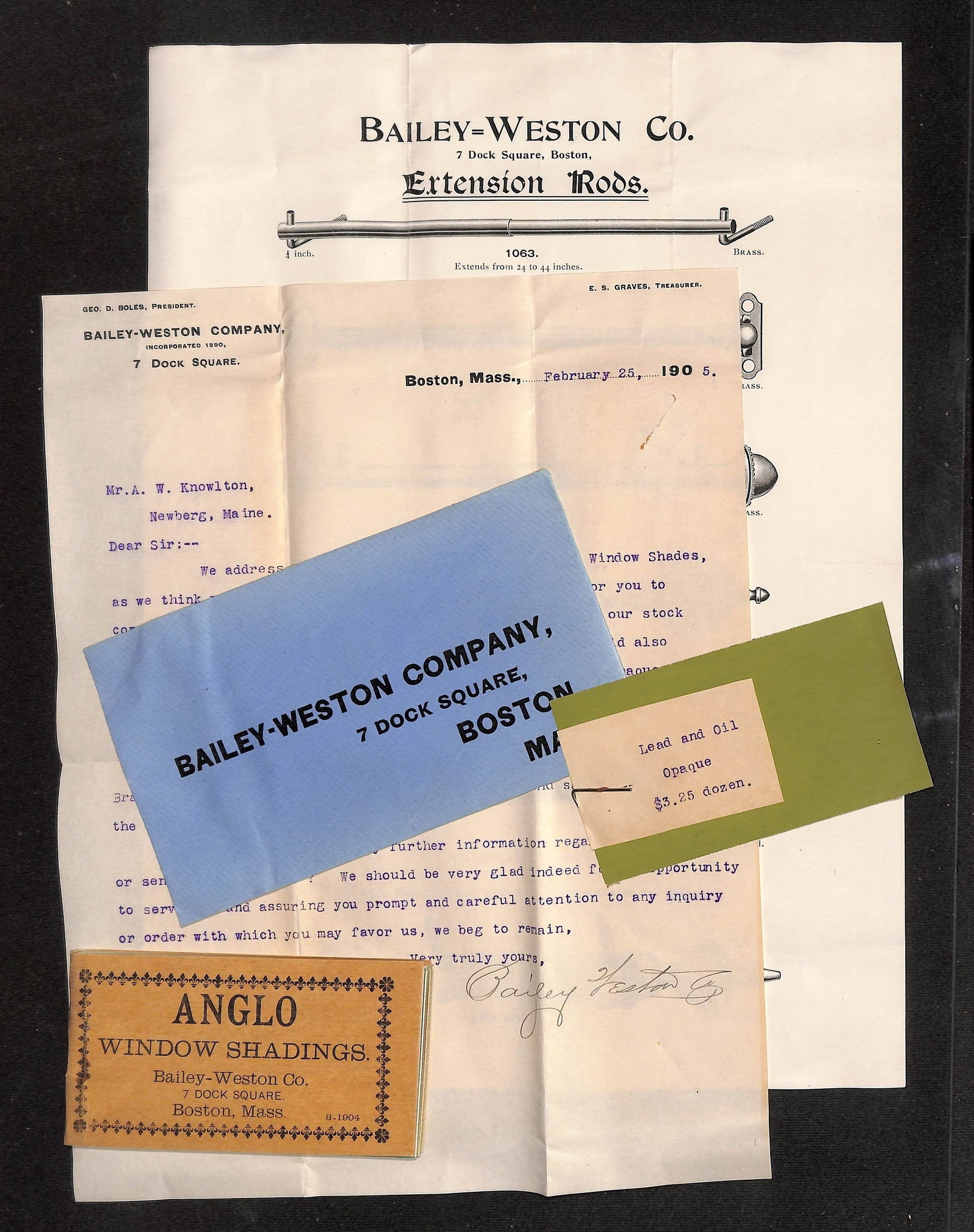 Bailey-Weston Co. Letter & Advertising Ephemera re: Window Shades, Extension Rods, Boston, 1905 (1 of 9)