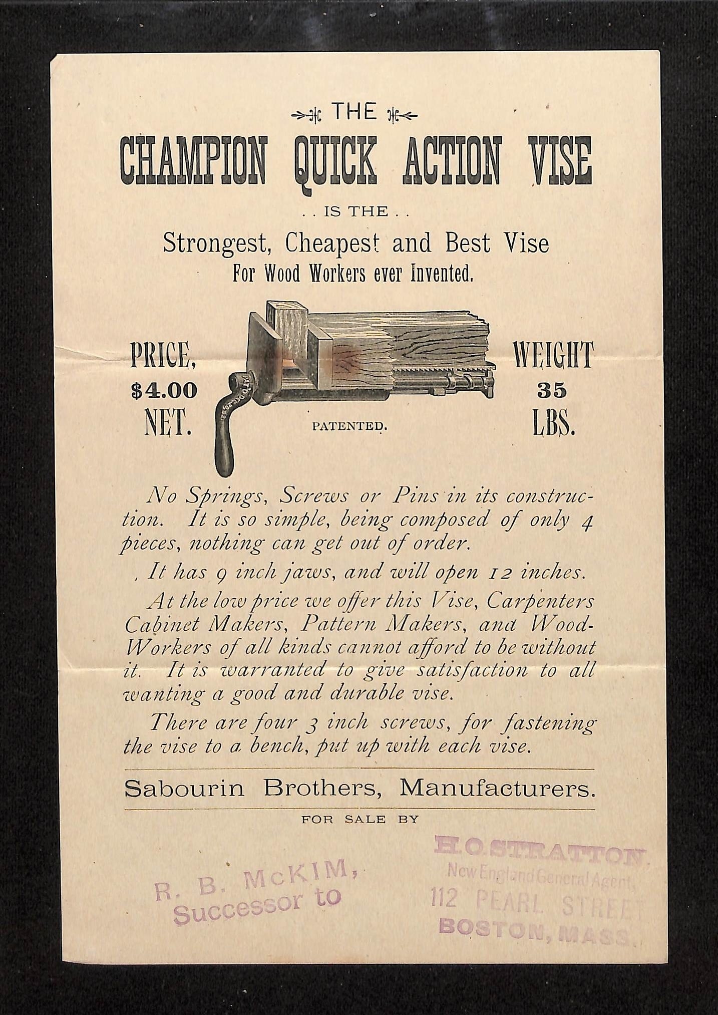 1897 Champion Quick Action Vise Advertising Broadside, Sabourin Brothers & R.B. McKim, Boston (1 of 2)