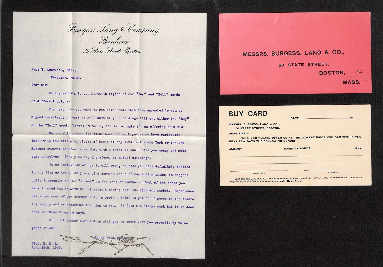 Burgess Lang & Co. Bankers Boston Letter with 'Buy' and 'Sell' Cards and Cover, August 24, 1909 (1 of 2)