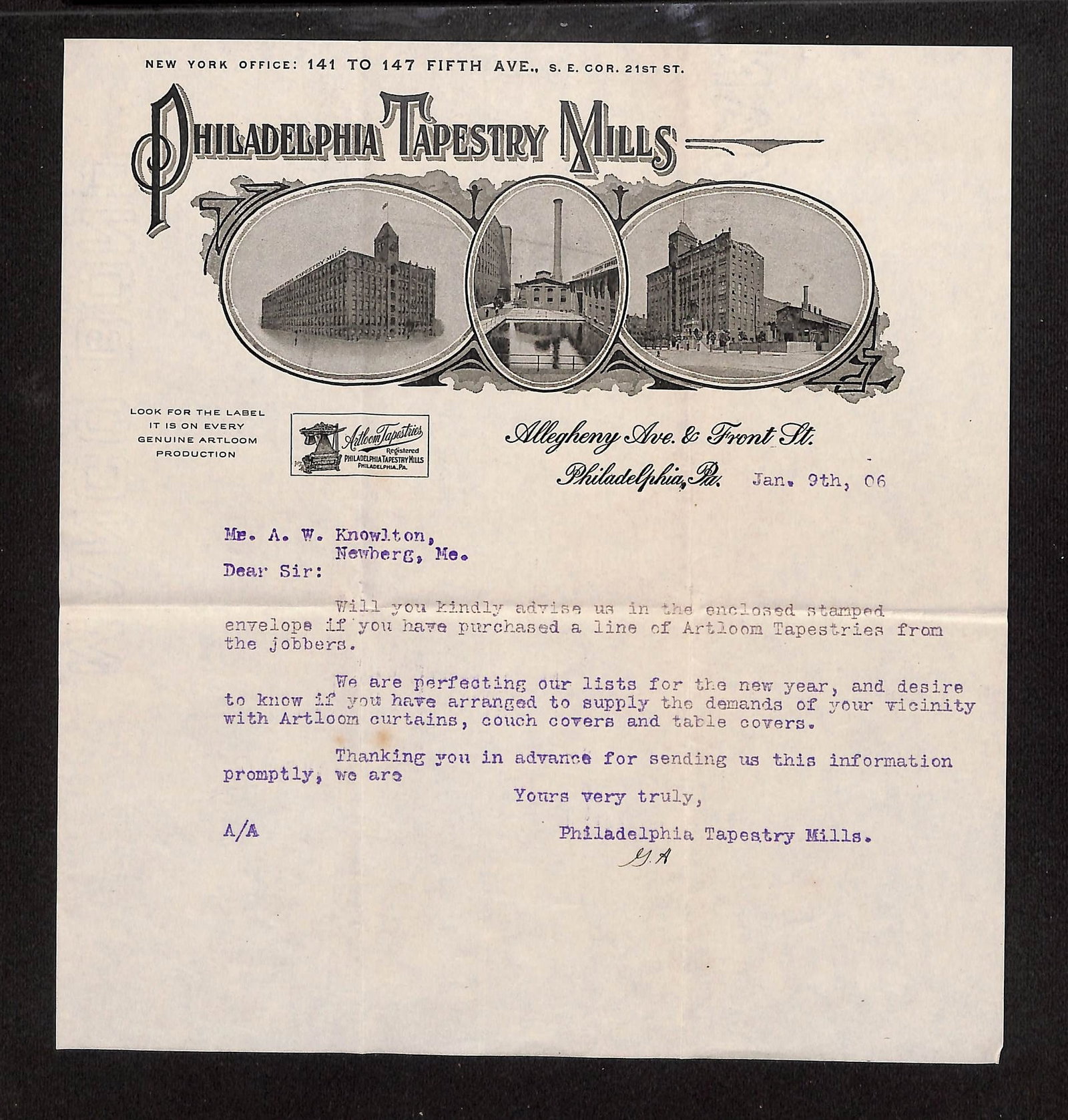 Philadelphia Tapestry Mills Typed Letter to A.W. Knowlton re Artloom Tapestries, Jan. 9, 1906 (1 of 2)