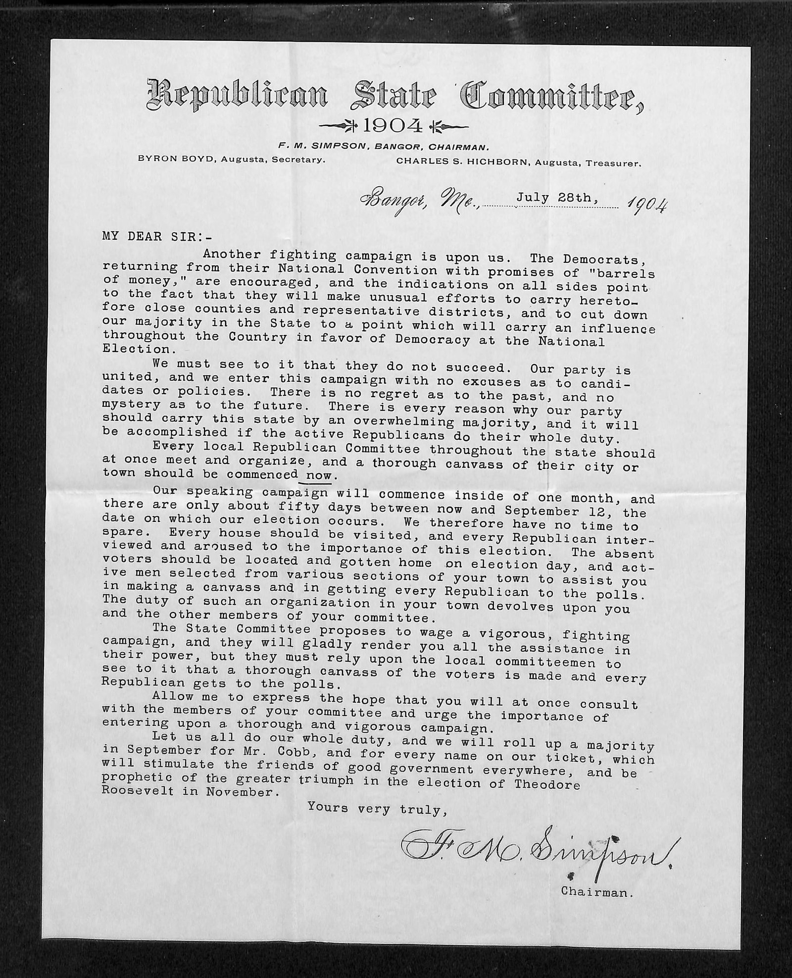 Republican State Committee Typed Letter on 1904 Election Campaign, Bangor, Maine, July 28, 1904: A single-page typed letter from the Republican State Committee, printed on one side, dated Bangor, Me., July 28th, 1904. The letterhead reads "Republican State Committee, 1904" and lists F. M. Simpson