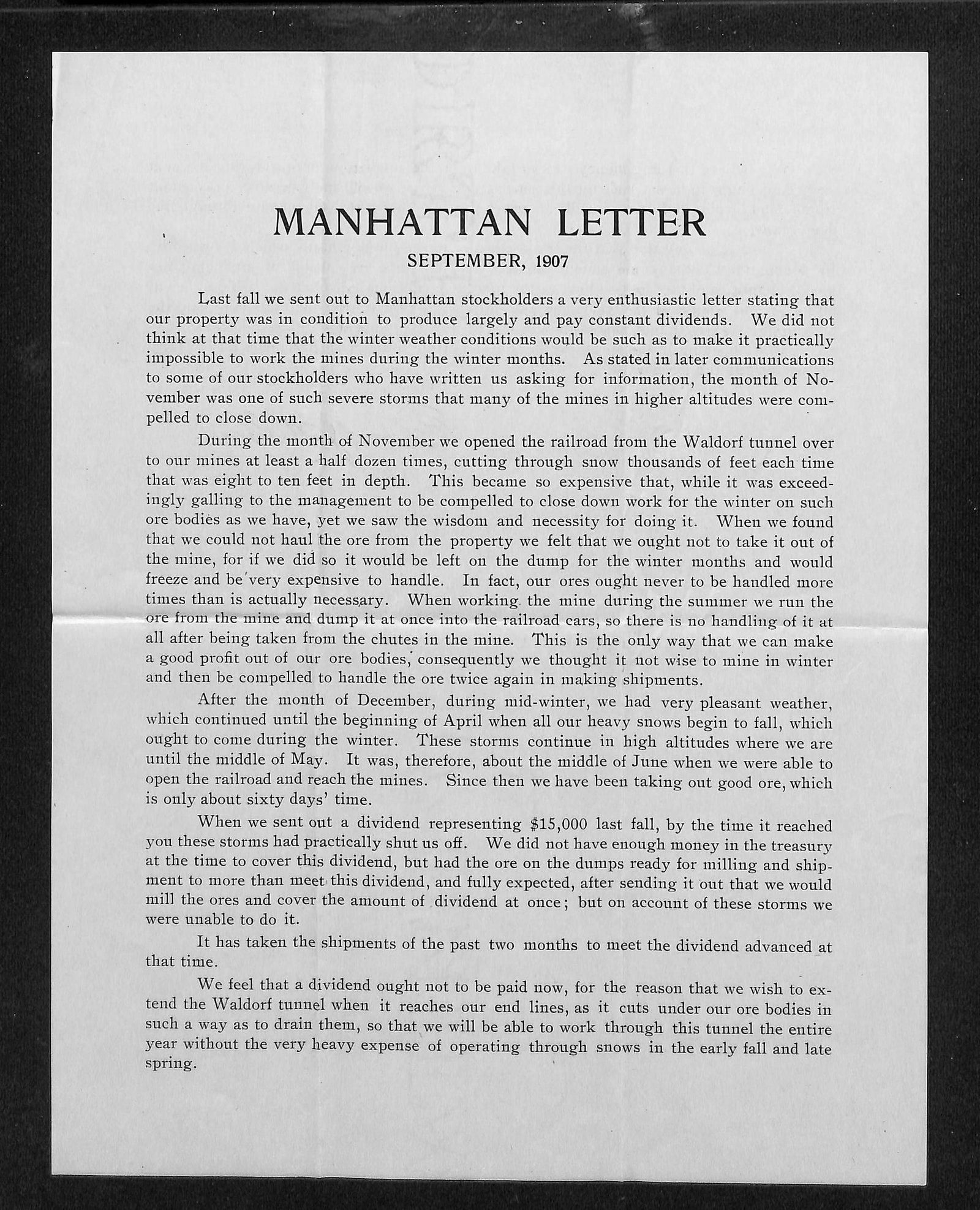 Typed Letter from Manhattan Company Secretary Edward J. M. Coon, Mining Operations, Sept 1907 (1 of 2)