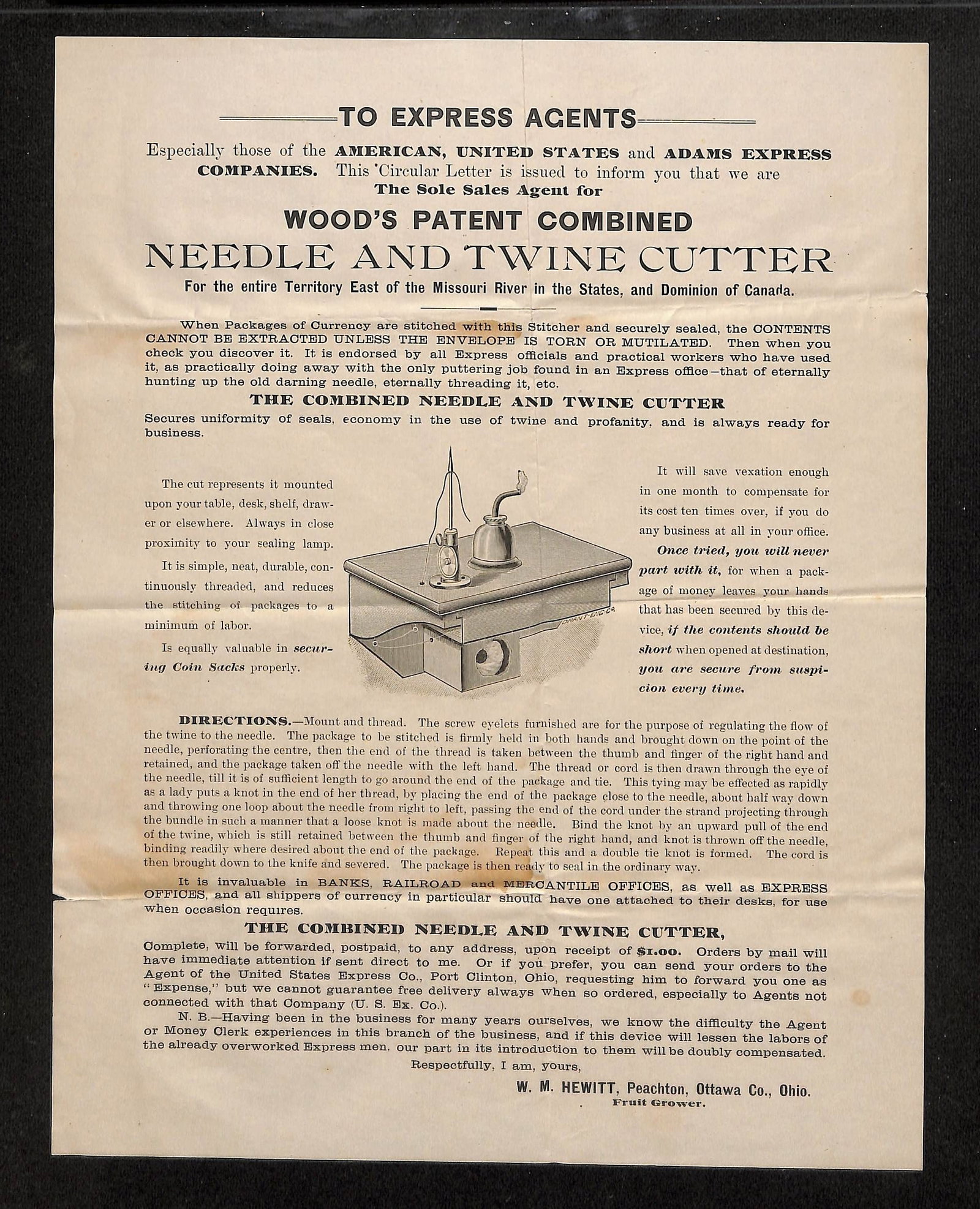 Circular Letter Broadside: Wood's Needle and Twine Cutter, Express Agents, W. M. Hewitt, Ohio (1 of 2)