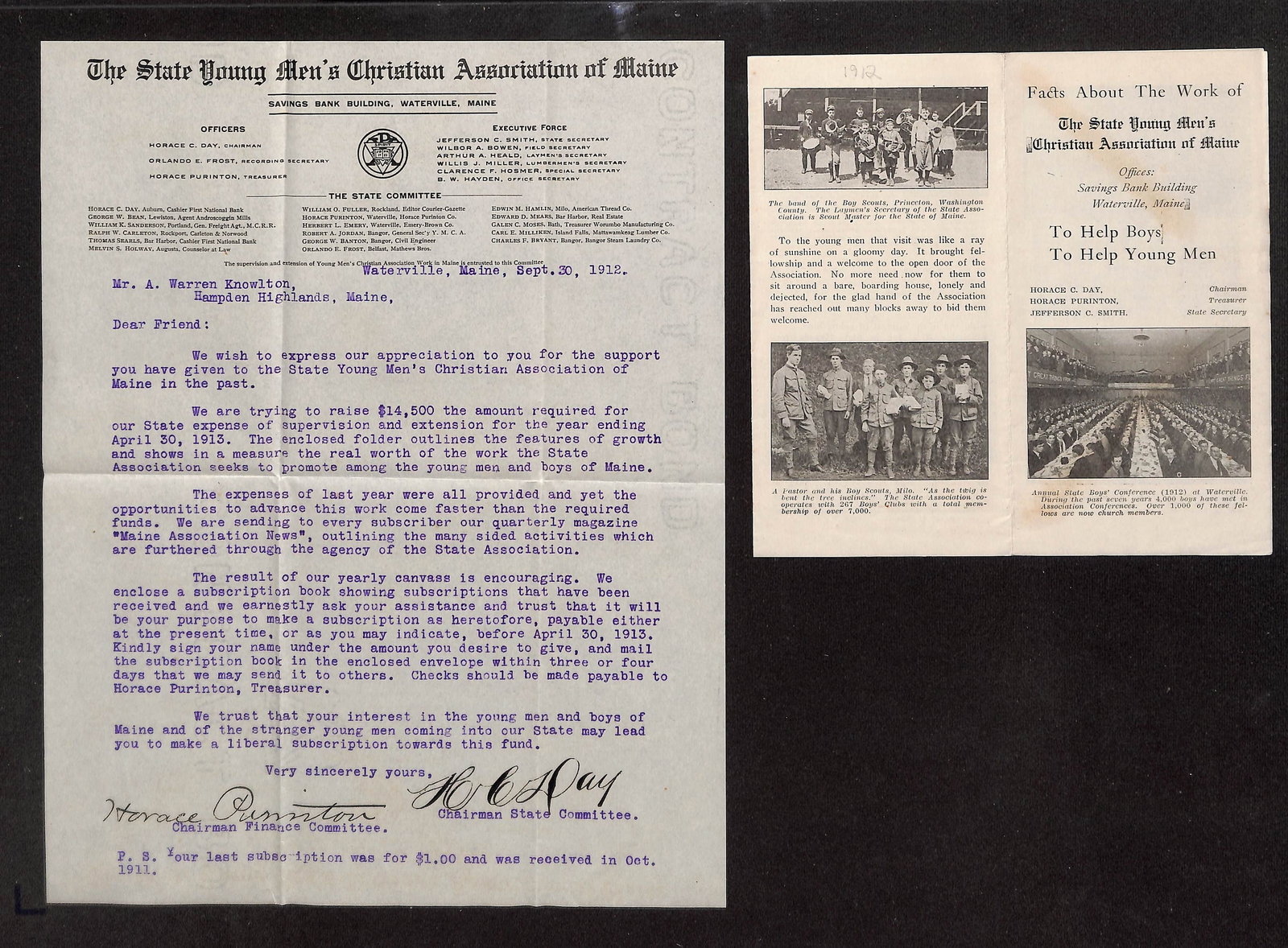 State Young Men's Christian Association (Y.M.C.A.) of Maine Fundraising Letter and Pamphlet, 1912: This lot comprises a single-page typed letter signed, with a blank reverse, and a two-sided pamphlet folded into a booklet. The letter, dated Waterville, Maine, September 30, 1912, is addressed to Mr.