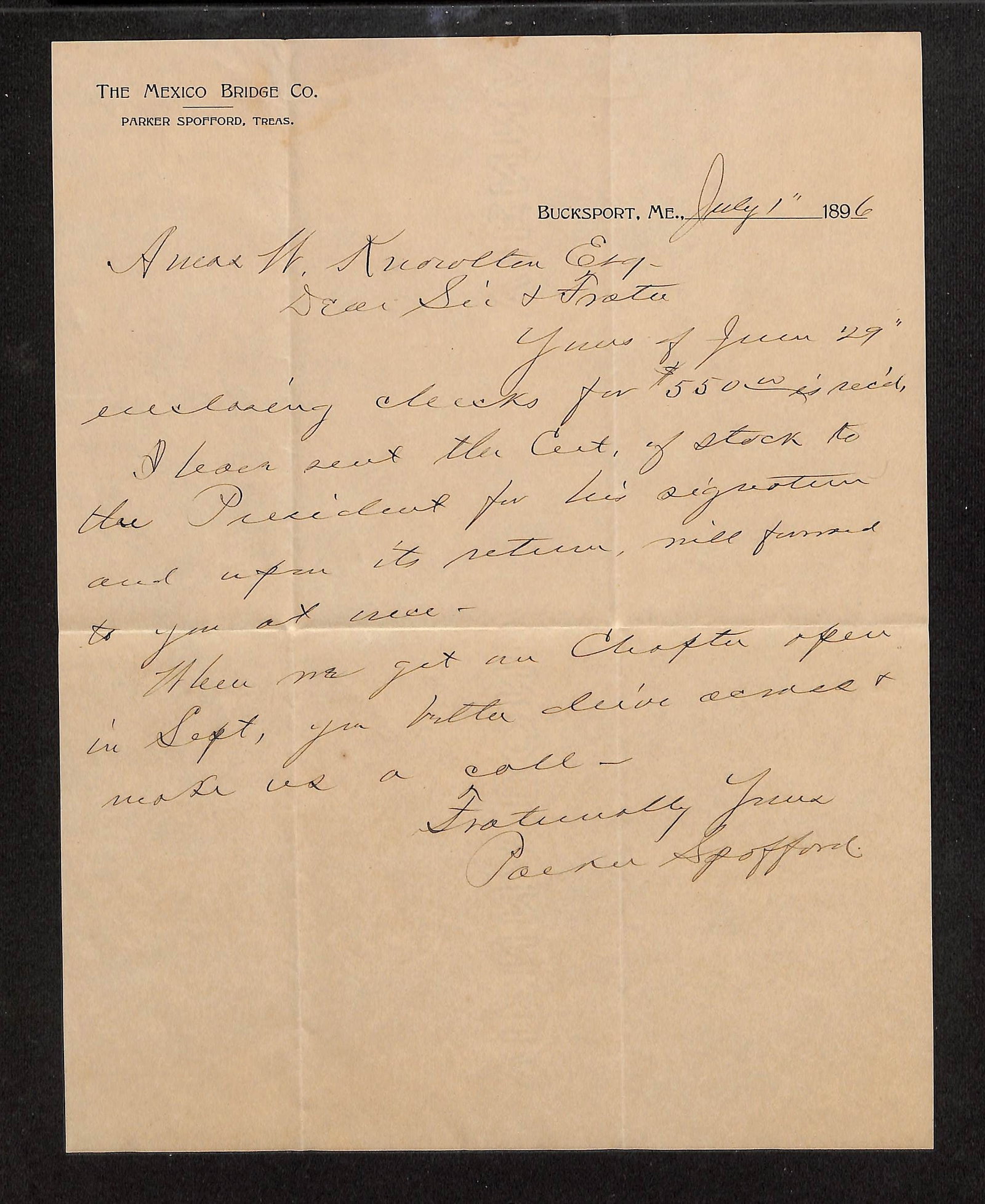 Autograph Letter Signed, Parker Spofford, The Mexico Bridge Co., Bucksport, ME, July 1, 1896 (1 of 2)