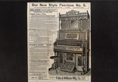 Foley & Williams Mfg. Co. Two-Sided Peerless Parlor Organ Broadside, No. 5 and No. 3