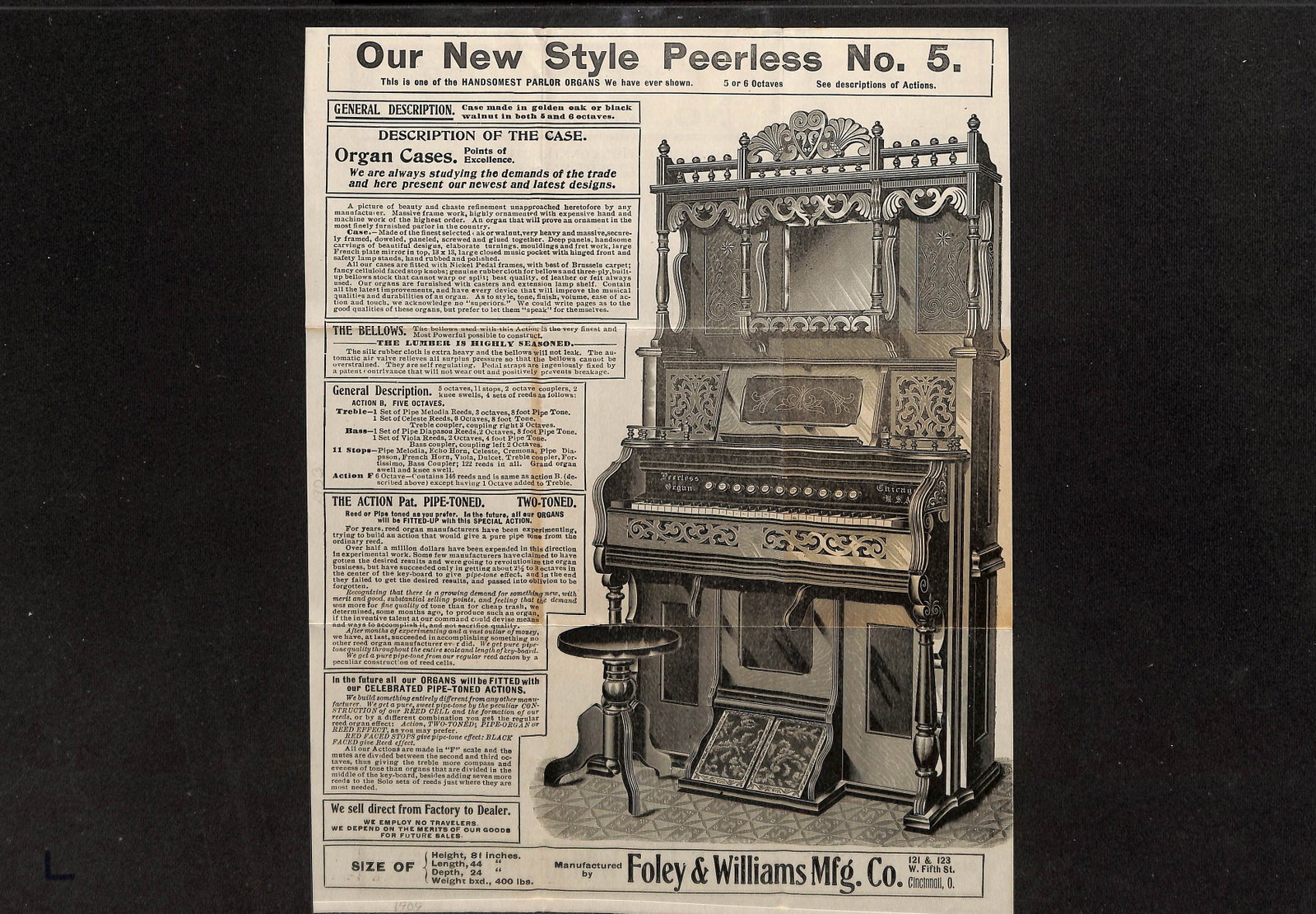 Foley & Williams Mfg. Co. Two-Sided Peerless Parlor Organ Broadside, No. 5 and No. 3 (1 of 2)
