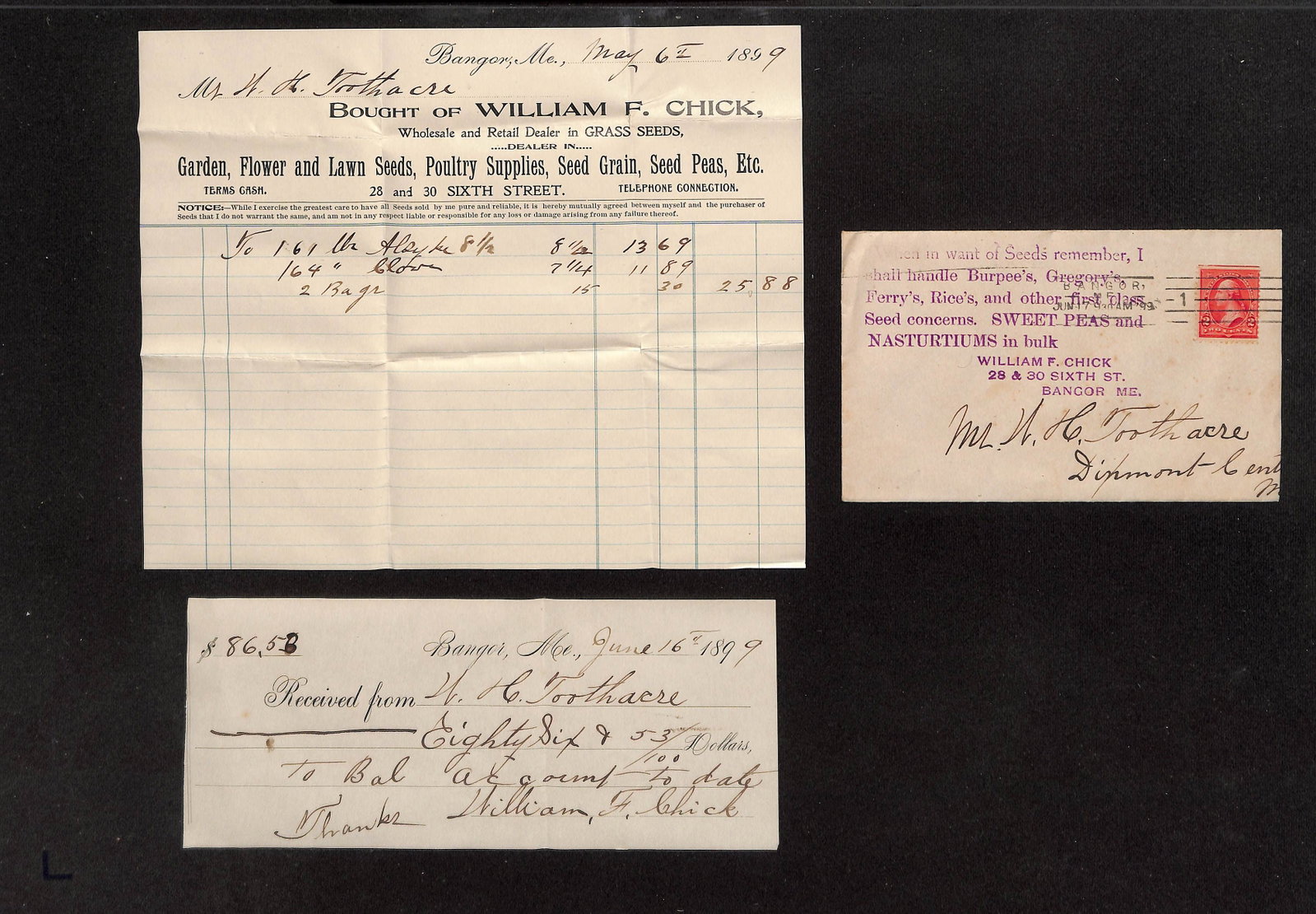 1899 William F. Chick Seed Dealer Bill, Postal Cover, and Receipt to H. H. Toothacre, Bangor, ME (1 of 1)