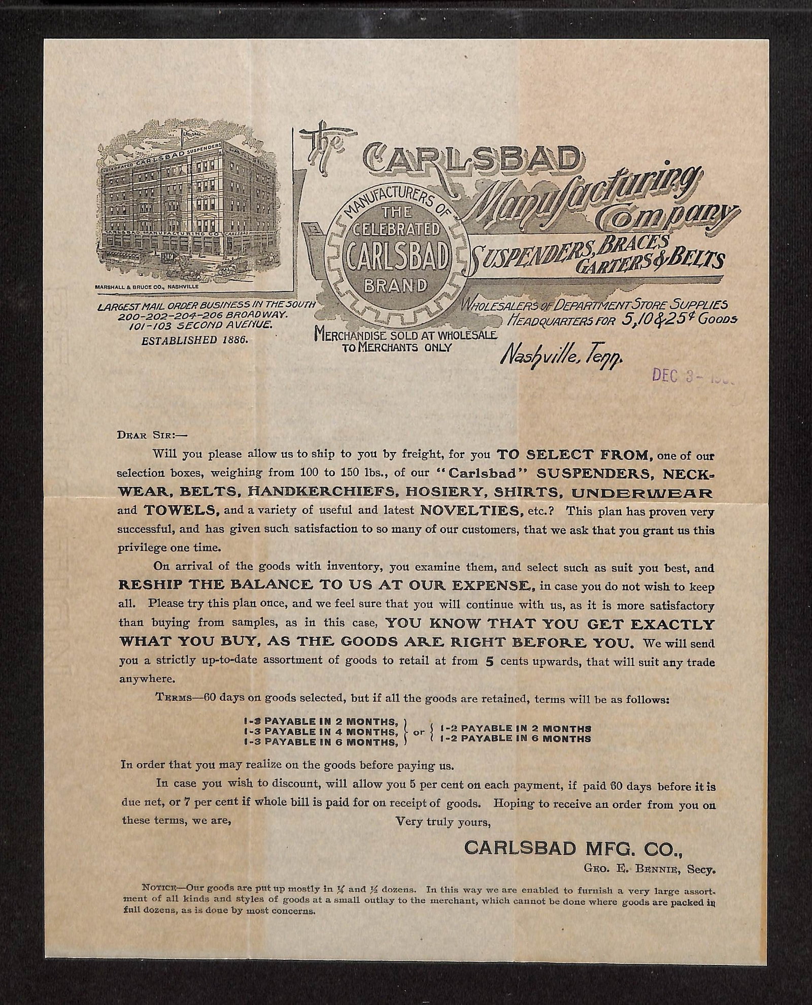 1886 Carlsbad Mfg. Co. Business Letter Promoting Suspenders, Braces & Belts from Nashville, Tenn.: A two-page printed business letter from The Carlsbad Manufacturing Company, Nashville, Tenn., dated December 3, 1886. The ornate letterhead features a detailed illustration of the "CARLSBAD BUILDING" 