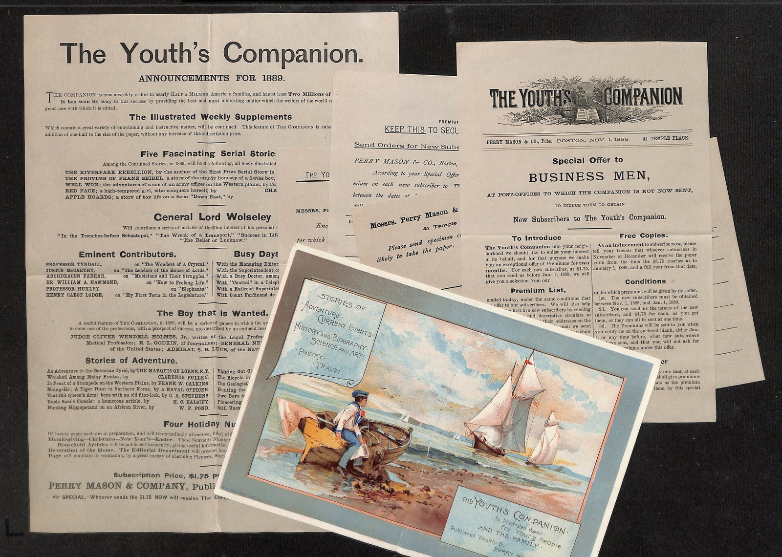 The Youth's Companion Magazine Promotional Ephemera Set, Boston, Perry Mason, 1888-1889.: This lot comprises four distinct pieces of promotional ephemera for The Youth's Companion magazine, published by Perry Mason & Co., Boston, MA, primarily from 1888-1889. The first piece is a broadside