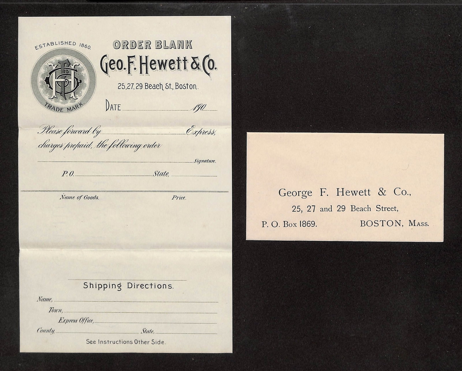 Geo. F. Hewett & Co. Boston Order Blank for Alcoholic Beverages & Business Card, early 1900s (1 of 2)