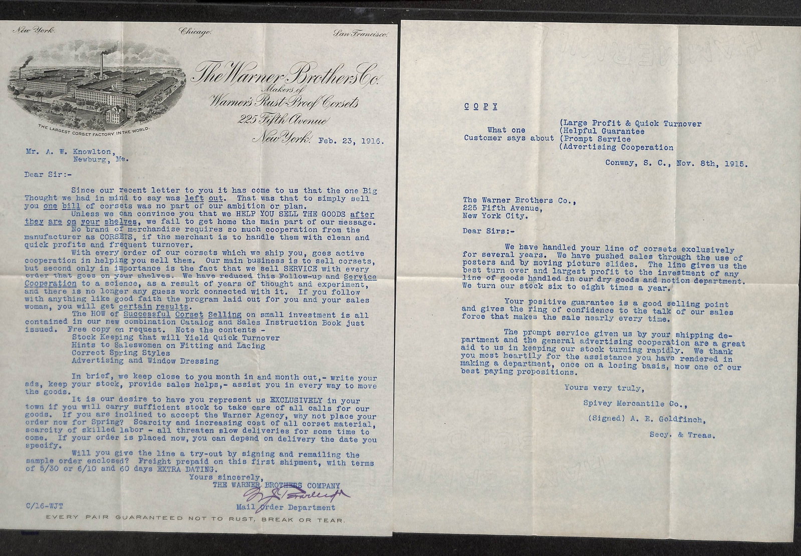 Two Typed Letters: The Warner Brothers Co. (Corsets) Sales & Business Correspondence, 1915-1916 (1 of 2)