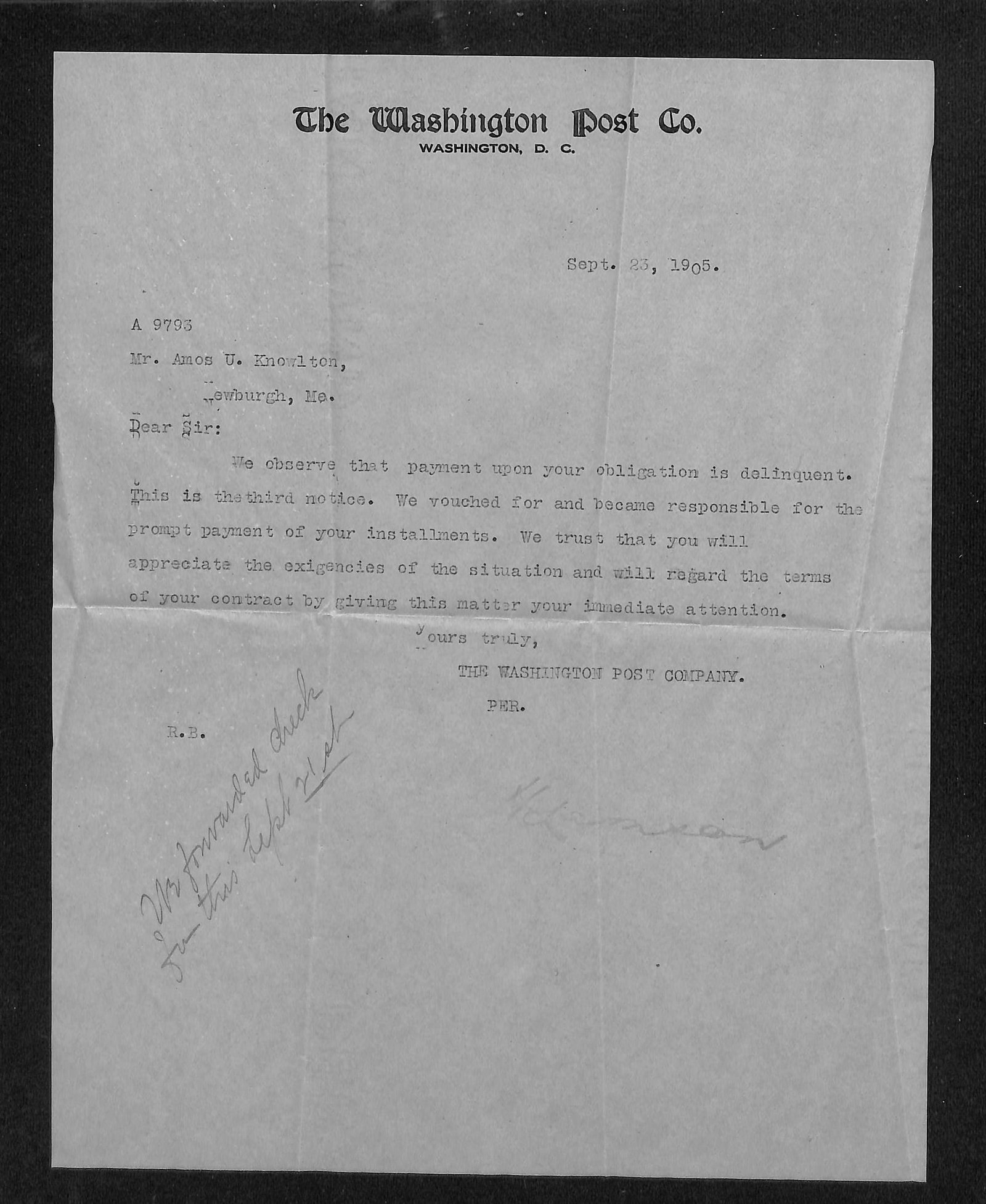Typed Letter from The Washington Post Co. to Amos U. Knowlton regarding a delinquent payment, 1905. (1 of 2)
