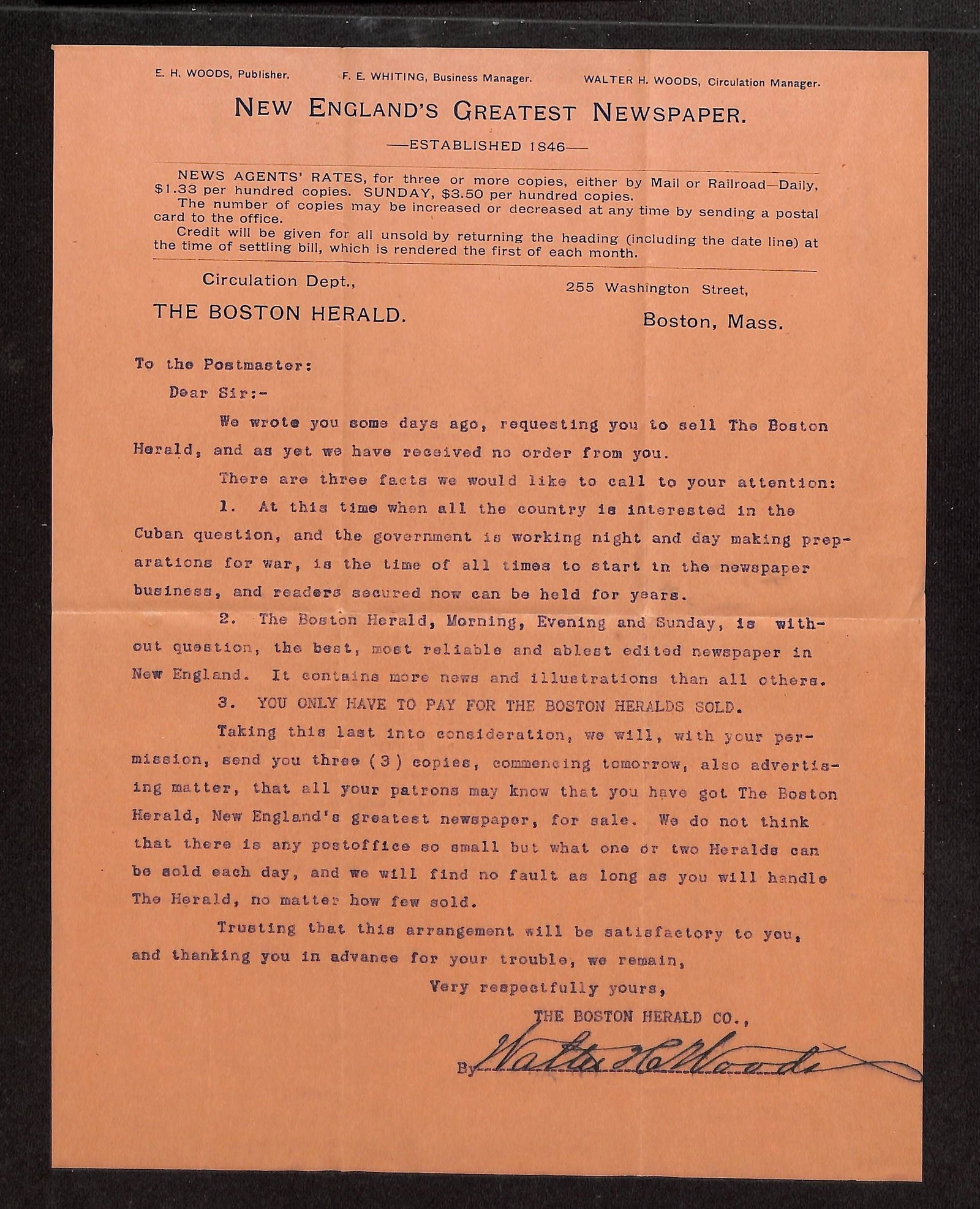 Typed Letter from Boston Herald to Postmaster regarding Newspaper Circulation & Cuban Question (1 of 2)