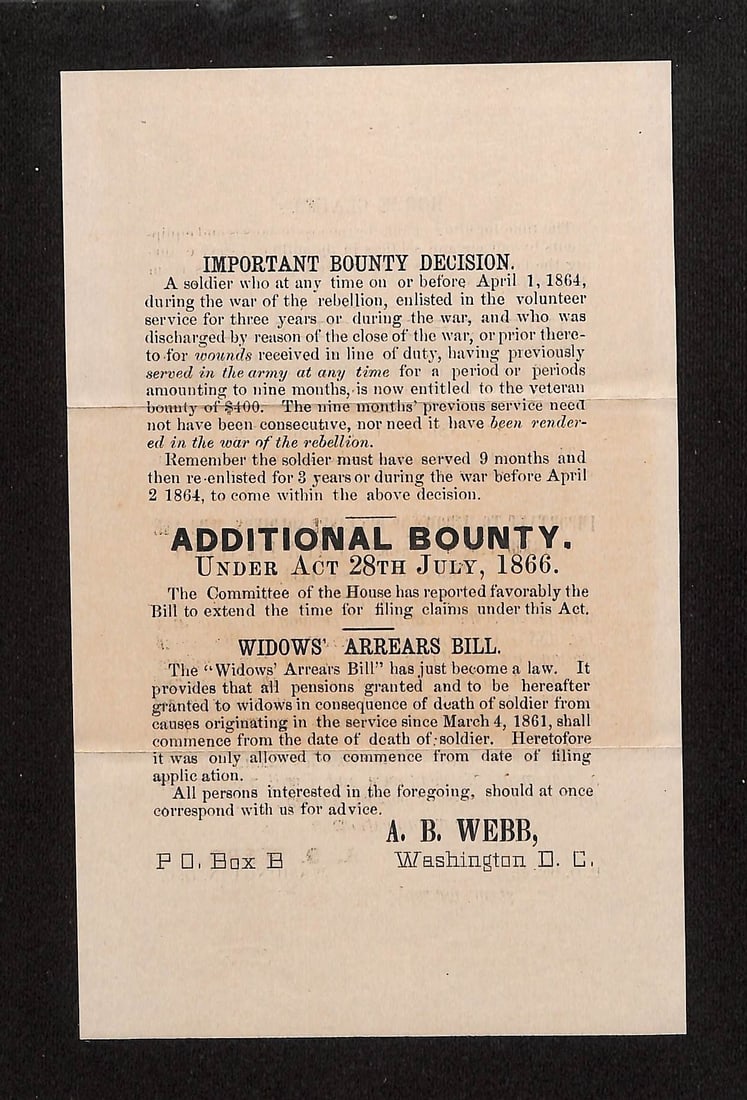 Civil War Bounty, Pension, Widows' & Soldiers' Claims Document by A. B. Webb, c. 1888: A two-page printed document. The front side, titled "IMPORTANT BOUNTY DECISION," outlines conditions for soldiers of the "war of the rebellion" to receive bounties, specifying enlistment before April 