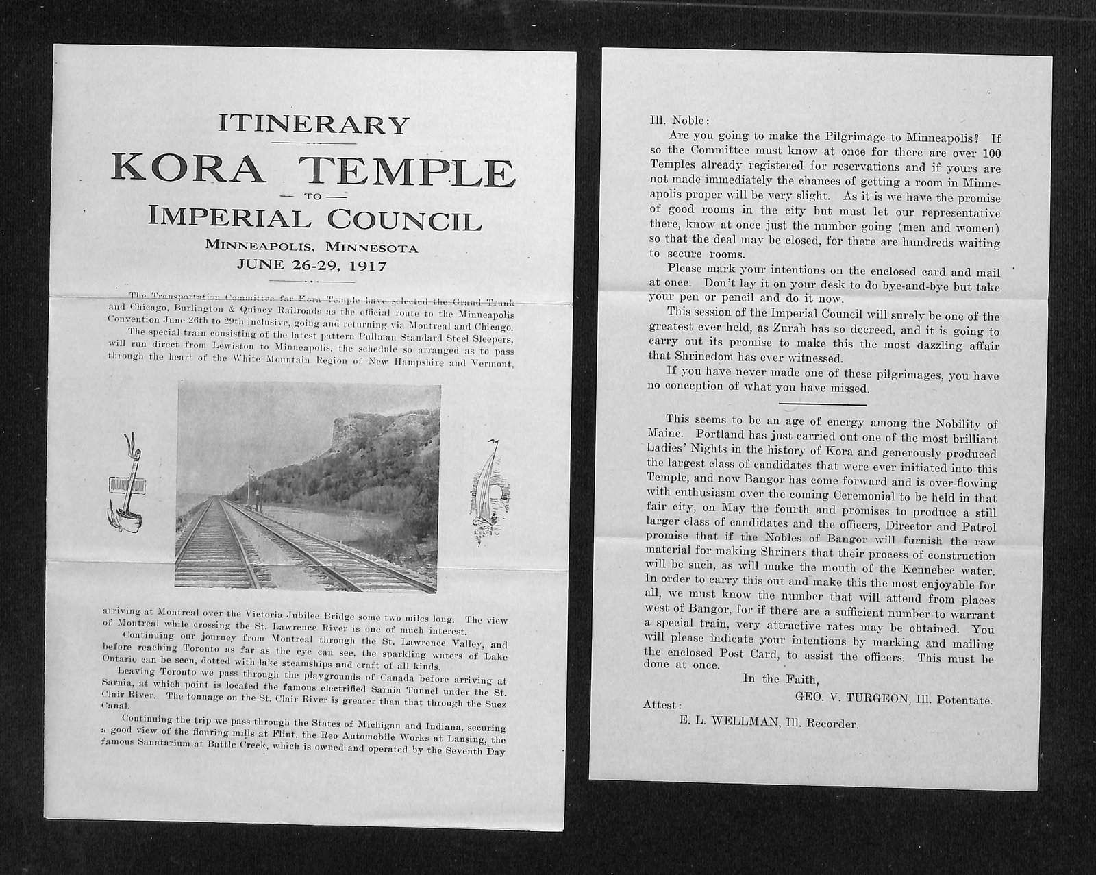 Kora Temple Imperial Council Itinerary Document: Minneapolis, Minnesota, June 26-29, 1917 Travel: A multi-panel printed itinerary document, comprising a single sheet, printed on both sides, folded twice to create six panels. The lot includes three images showing all panels of the document. The fro