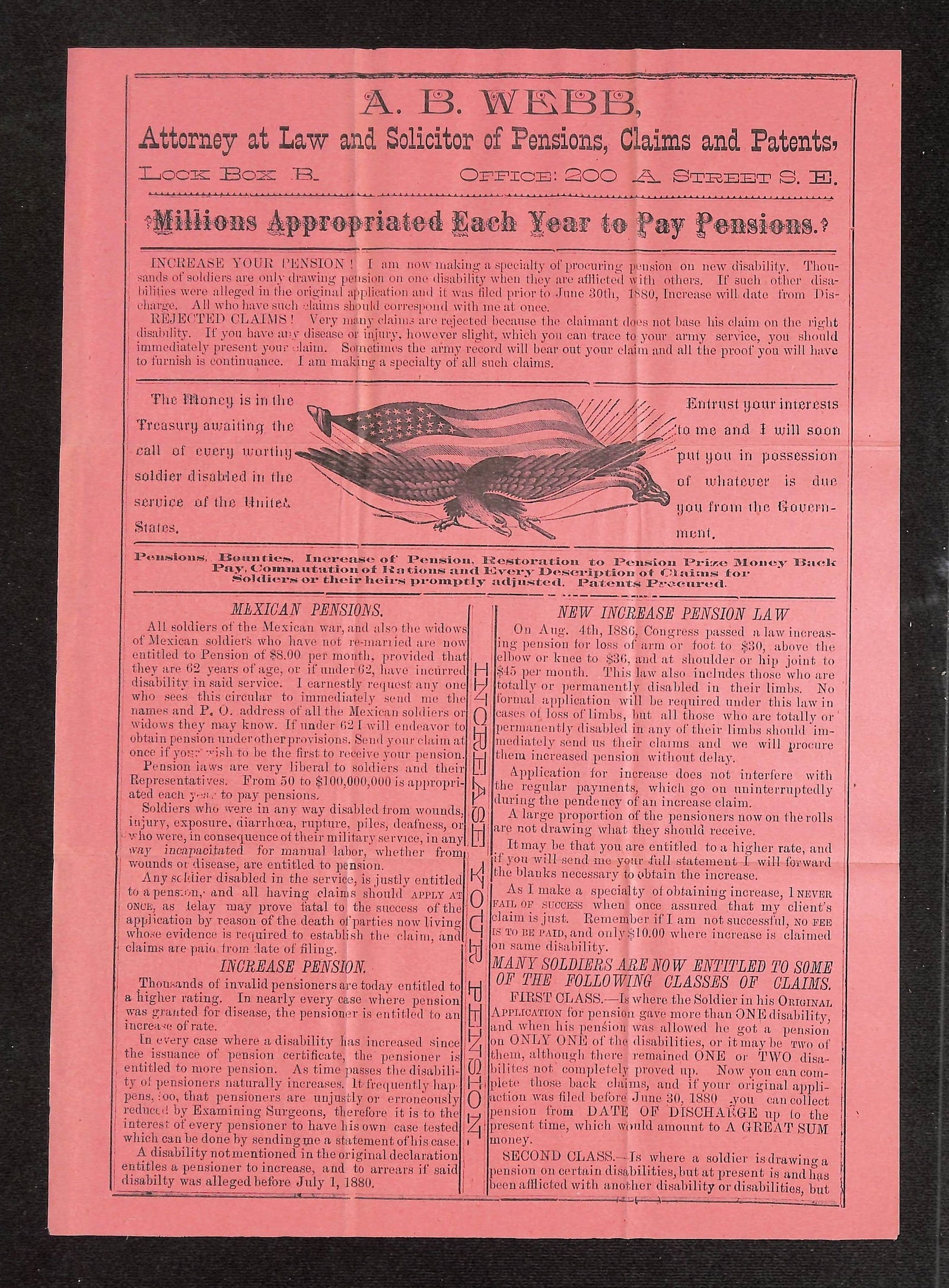 A. B. Webb, Washington D.C. Attorney Broadside: Pension & Claims for Soldiers and Families, (1 of 2)