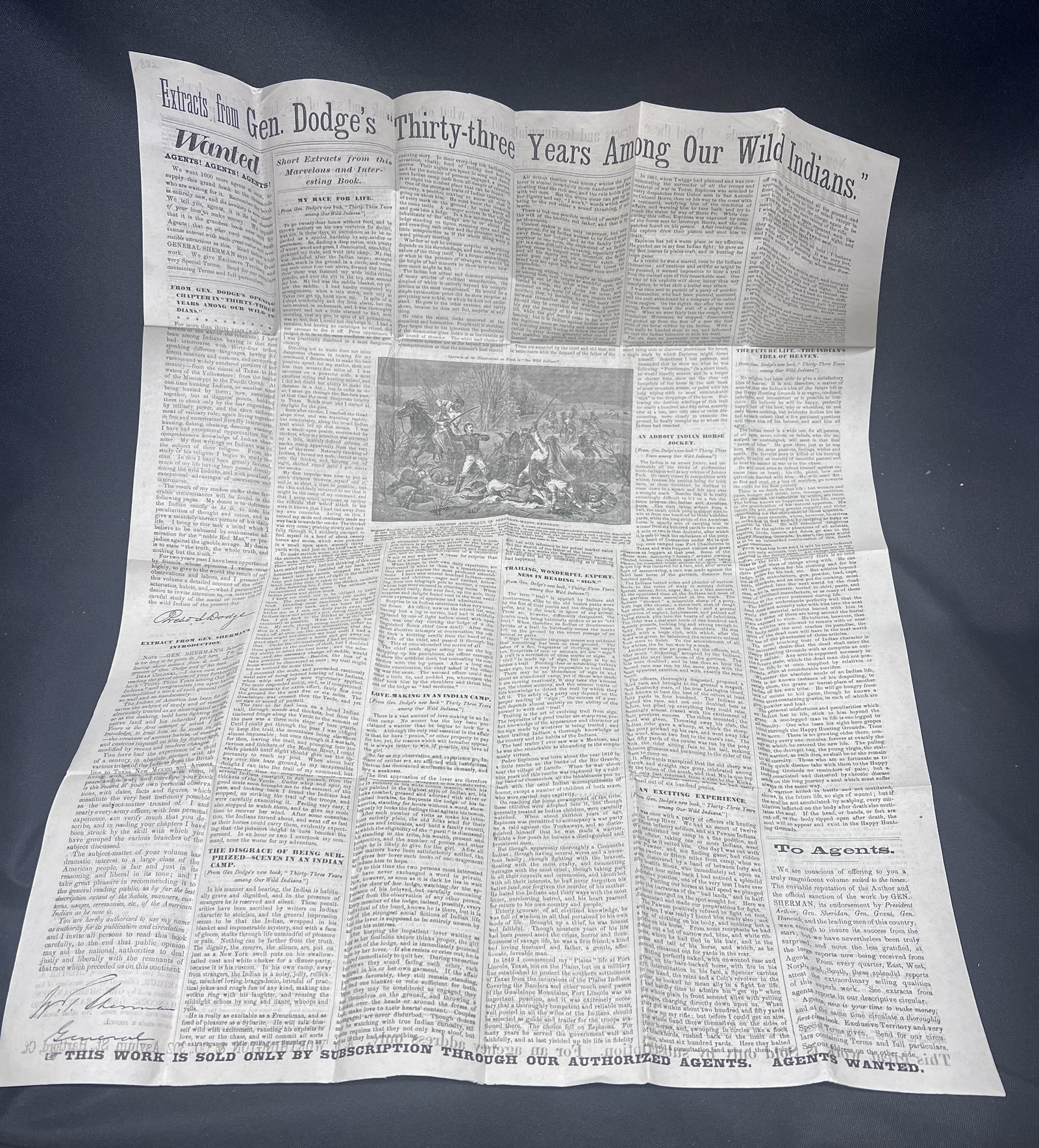 1882 Broadside: Gen. Dodge's "Thirty-three Years Among Our Wild Indians," Sherman Endorsement: This lot comprises a single broadside dating to 1882, printed on one side, advertising General Grenville M. Dodge's book, "Thirty-three Years Among Our Wild Indians." The broadside features multiple e