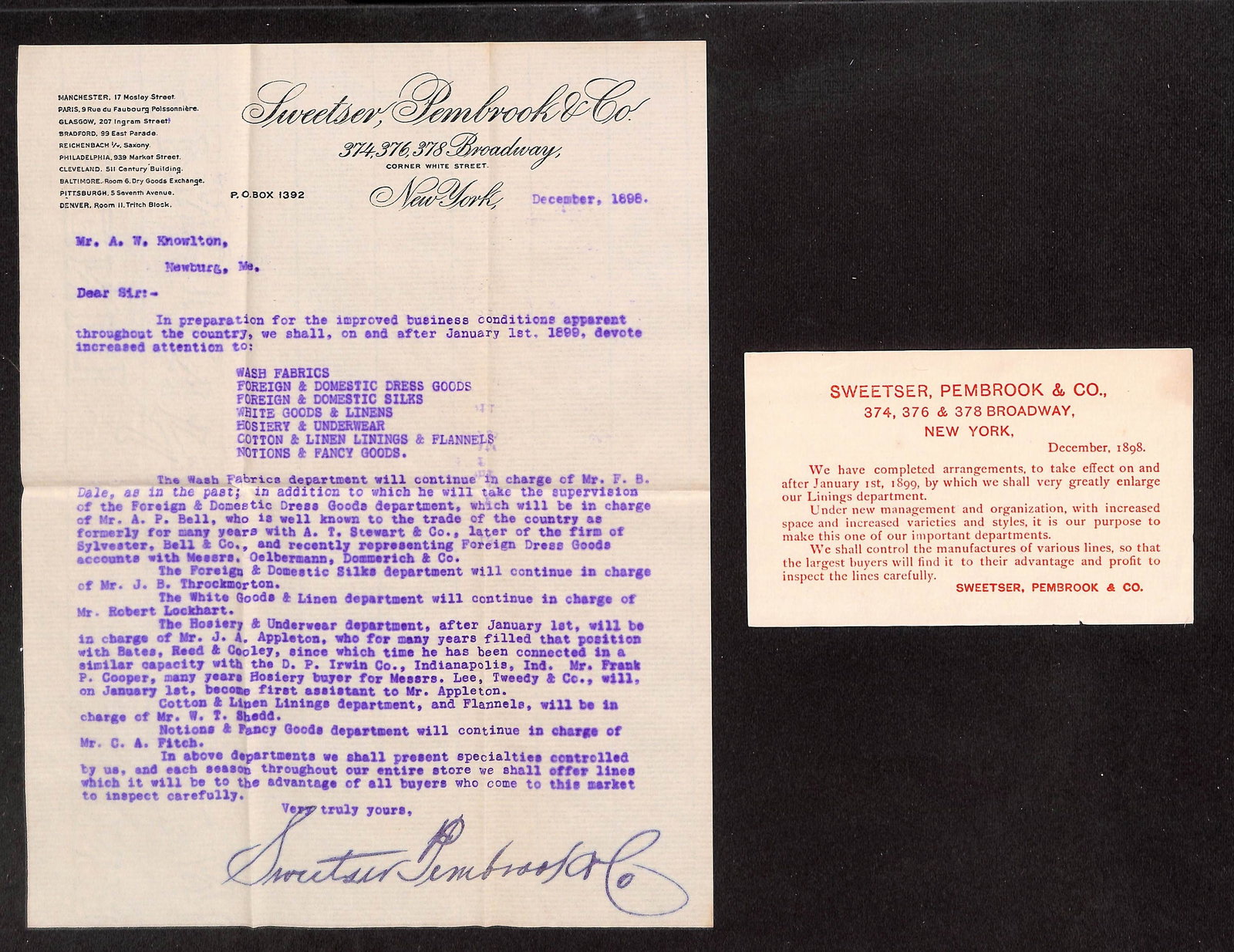 Sweetser, Pembrook & Co. New York 1898 Business Announcement Card and Letter, Linens Dept. (1 of 2)