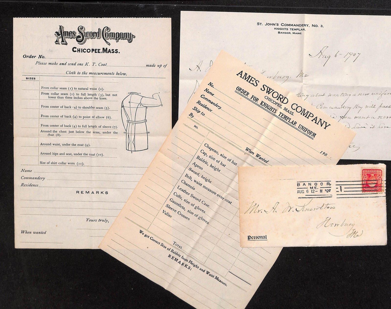 1907 Knights Templar Uniform Order Forms, Commandery Letter & Cover, Ames Sword Co., Bangor: This grouping comprises several historical documents related to the Knights Templar and uniform orders from 1907. Dominantly featured is a letter from "ST. JOHN'S COMMANDERY, NO. 3, KNIGHTS TEMPLAR, B