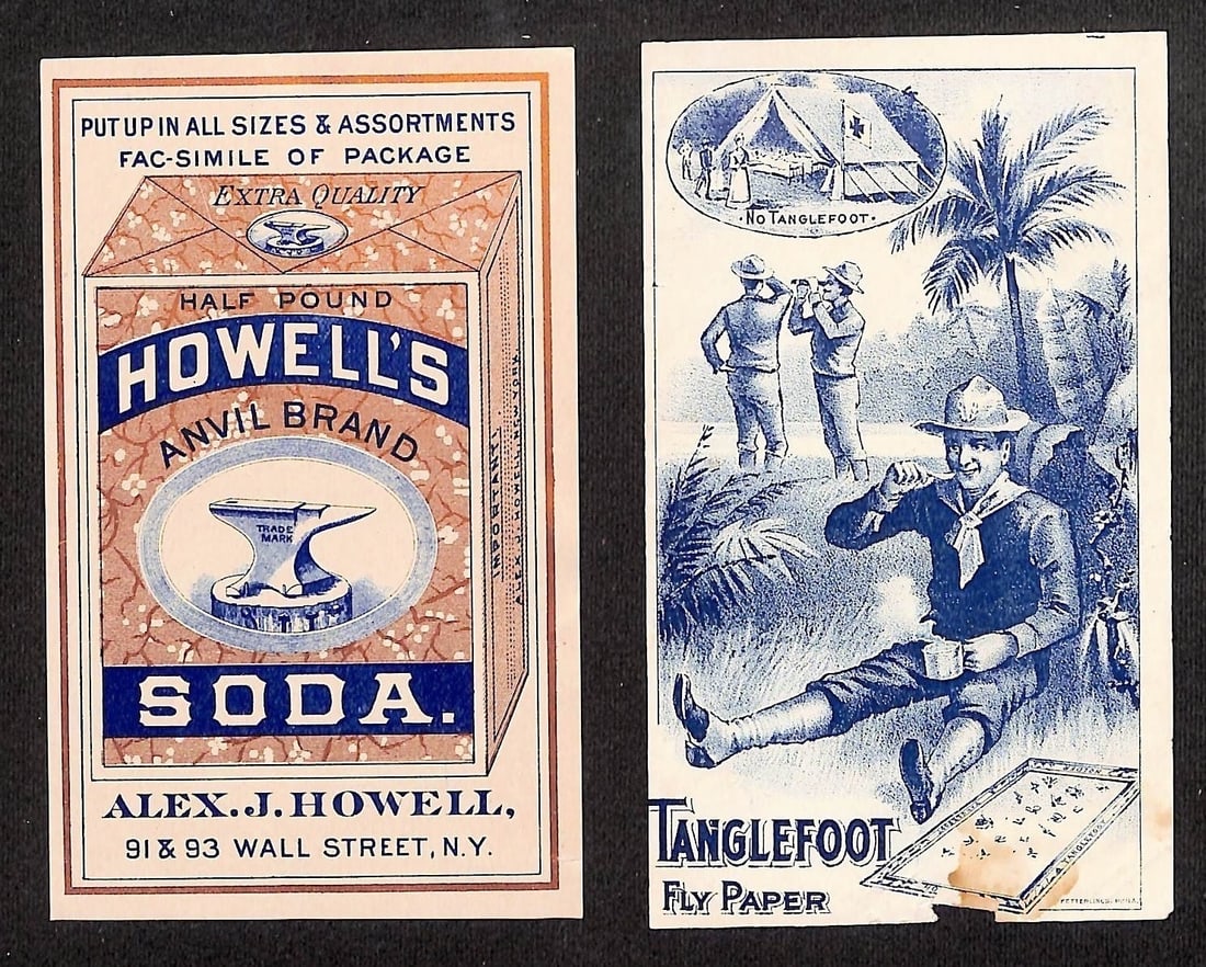 Two Chromolithograph Advertising Trade Cards: Howell's Anvil Brand Soda & Tanglefoot Fly Paper (1 of 2)