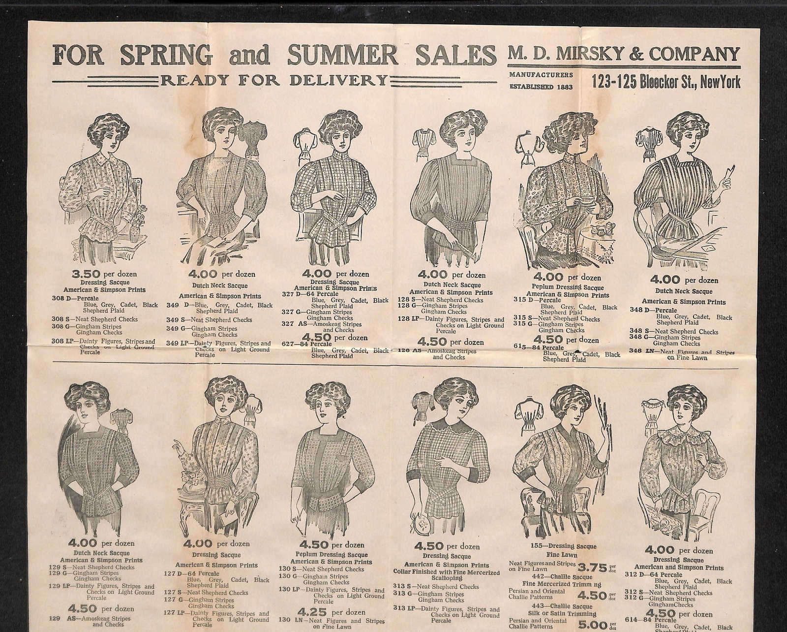Early 20th Century M. D. Mirsky & Co. New York Ladies Garments Illustrated Sales Catalog Sheet (1 of 2)