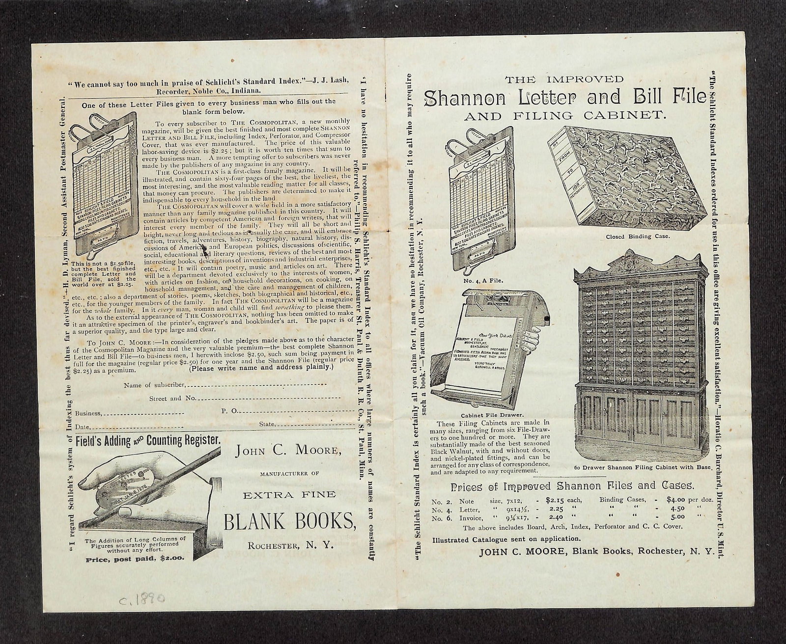 Antique Late 1800s Advertising Sheet: Shannon Filing Cabinet, Bill File & Rapid Copier (1 of 2)