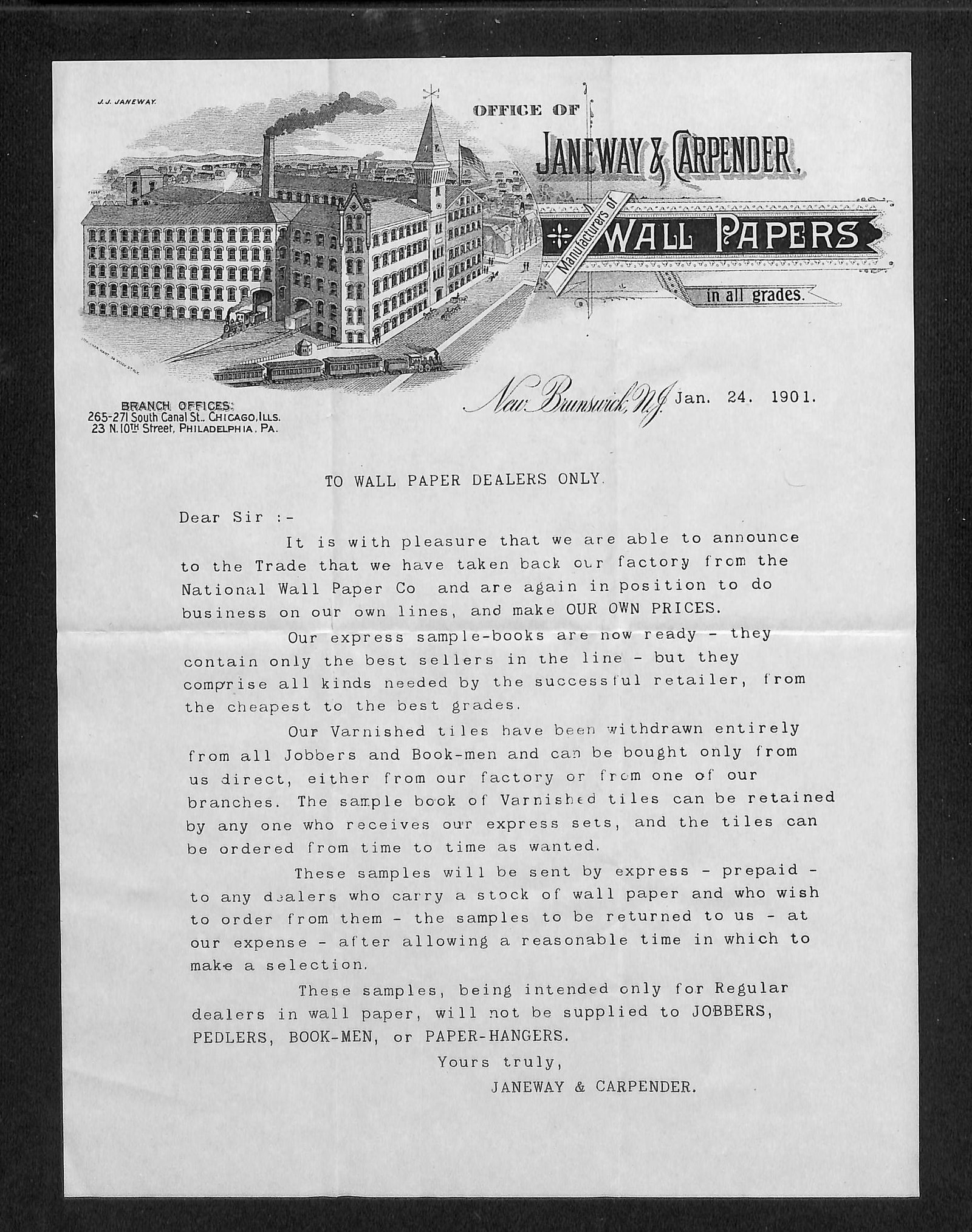 Antique 1901 Janeway & Carpender Wall Papers Advertising Sheet & Dealer Letter, New Brunswick NJ (1 of 2)