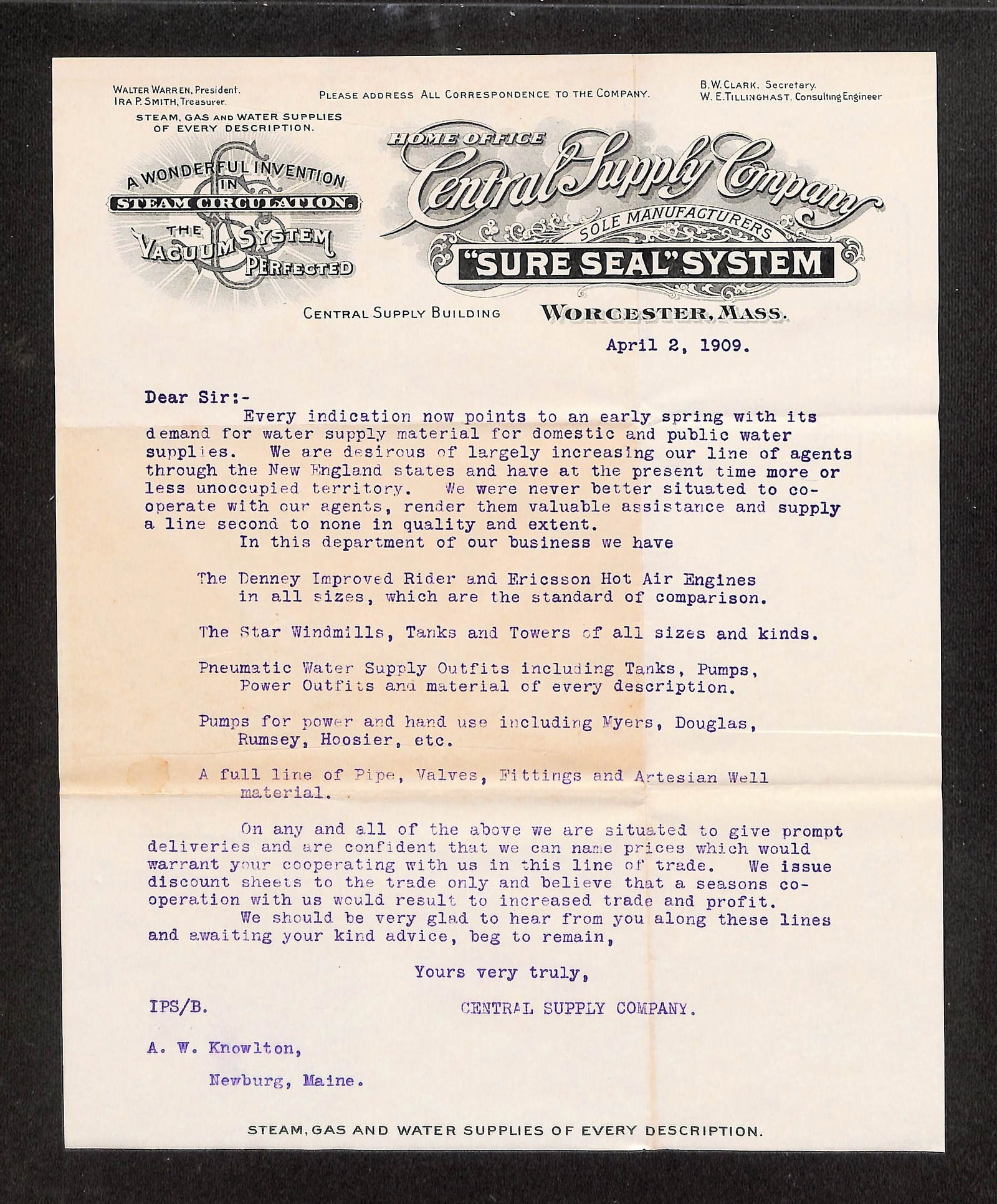 Central Supply Co. Typed Letter to A.W. Knowlton re: Water Supply Agents, Worcester, 1909 (1 of 2)