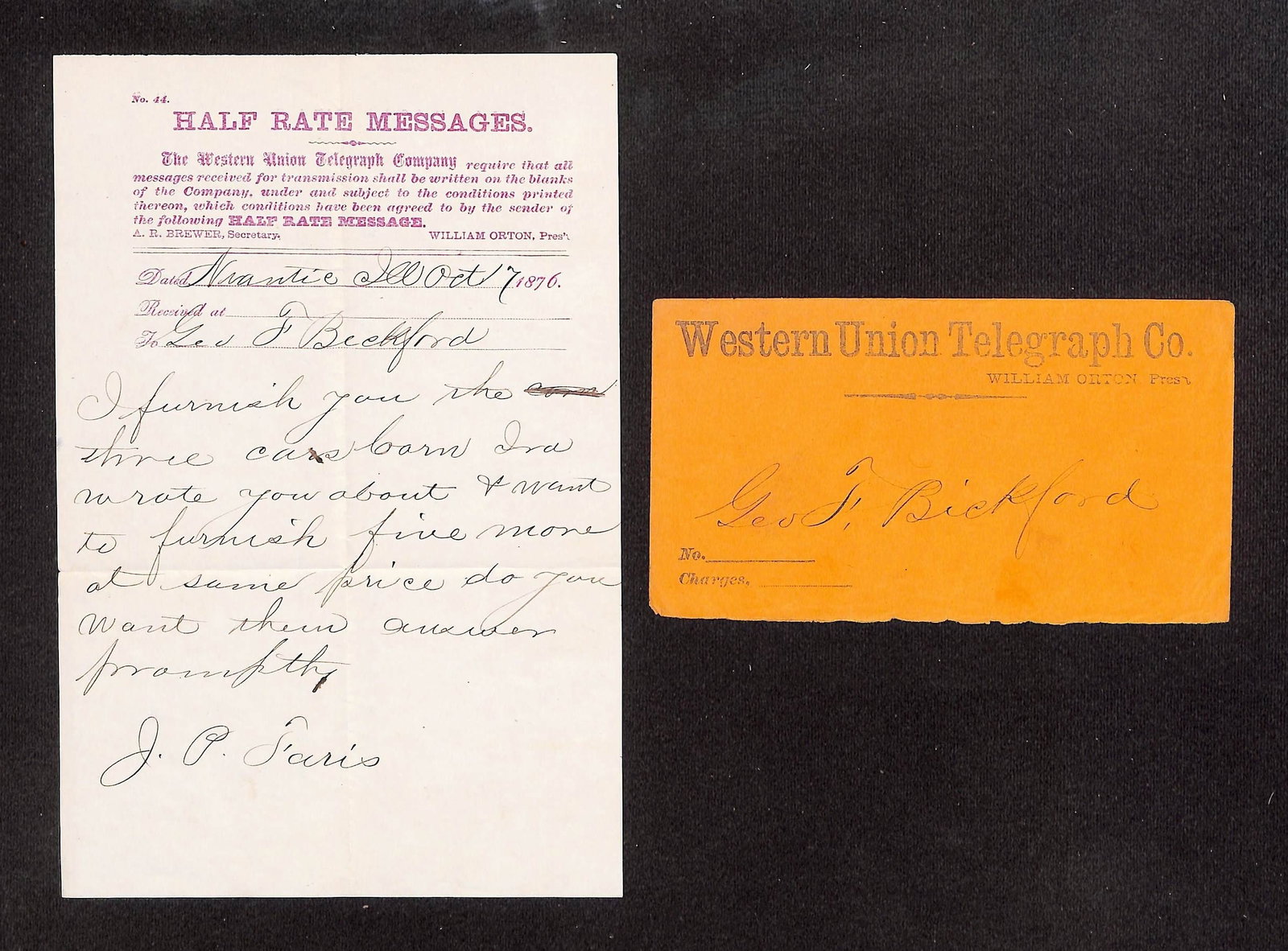 Western Union Half Rate Telegraph Message and Envelope to Geo. S. Bickford, Atlantic, 1876. (1 of 2)