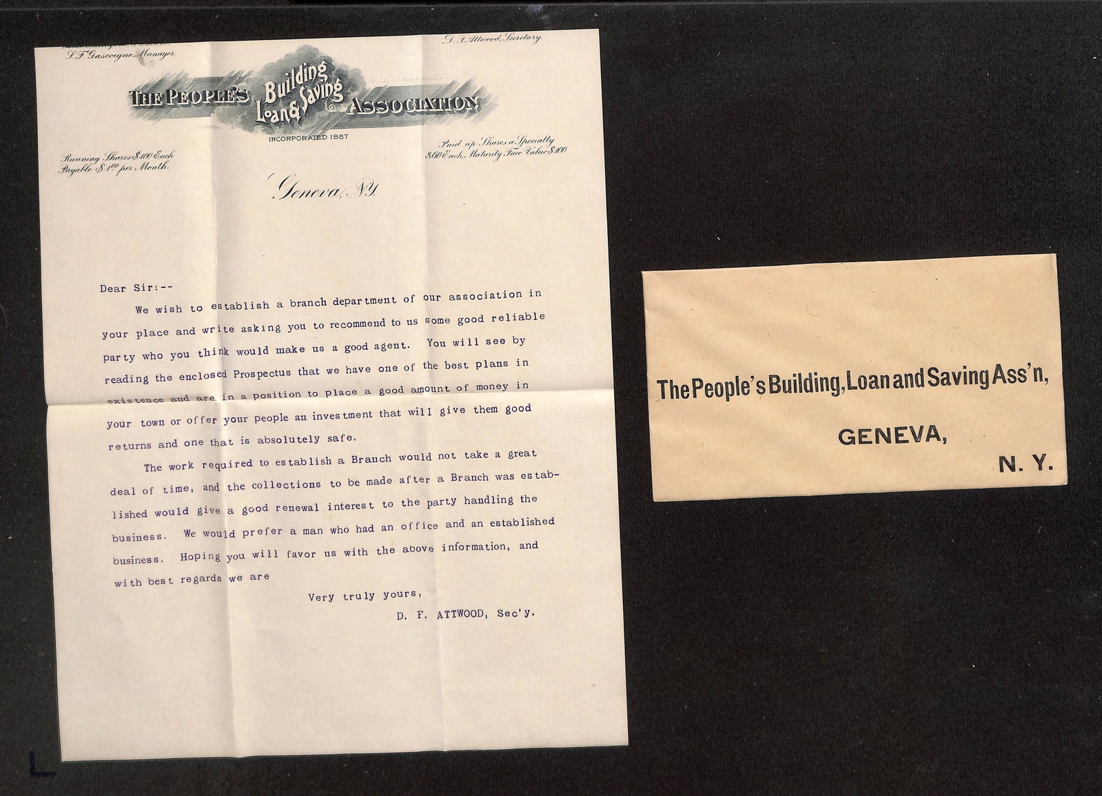 Typed Letter & Envelope, People's Building, Loan & Saving Assn., Geneva, NY, c. 1887.: This lot comprises a two-piece collection: a typed letter from The People's Building, Loan and Saving Association and a matching printed envelope. The one-page letter, addressed 'Dear Sir:--', origina