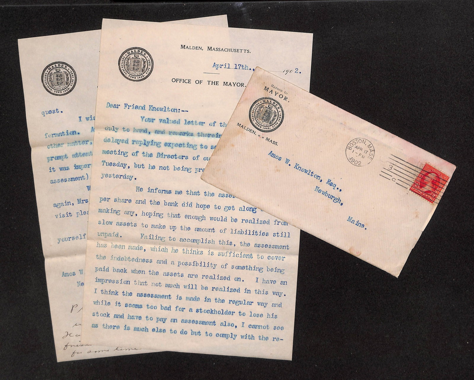 Malden, Massachusetts Mayor Charles L. Dean 1902 Letter and Envelope - Trust Company Assessment (1 of 4)